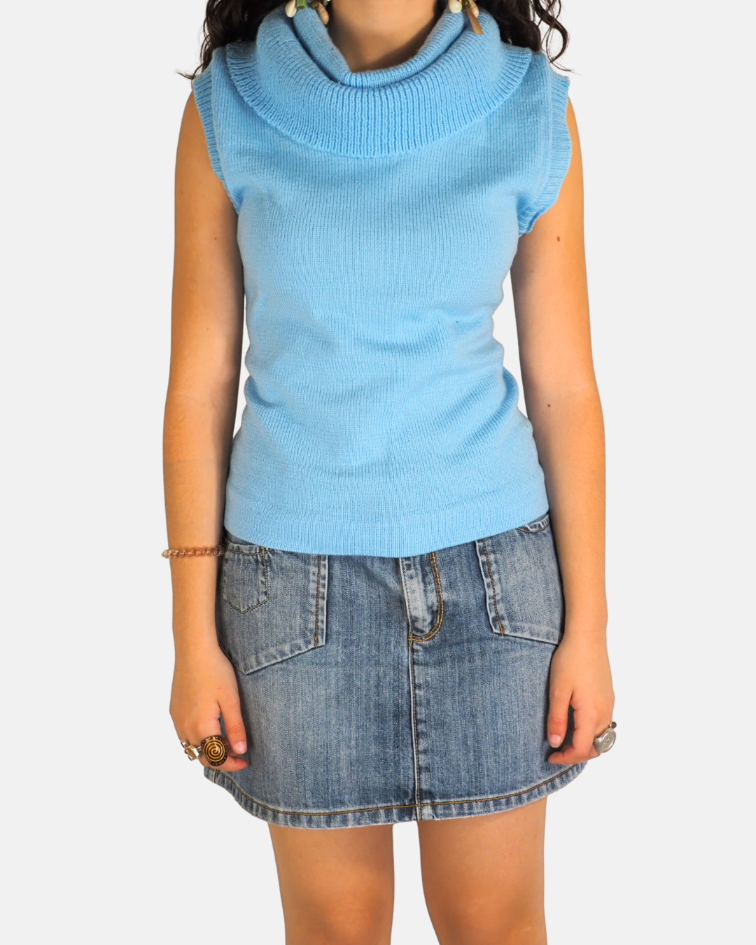 Blue Cowl-Neck Knit Top