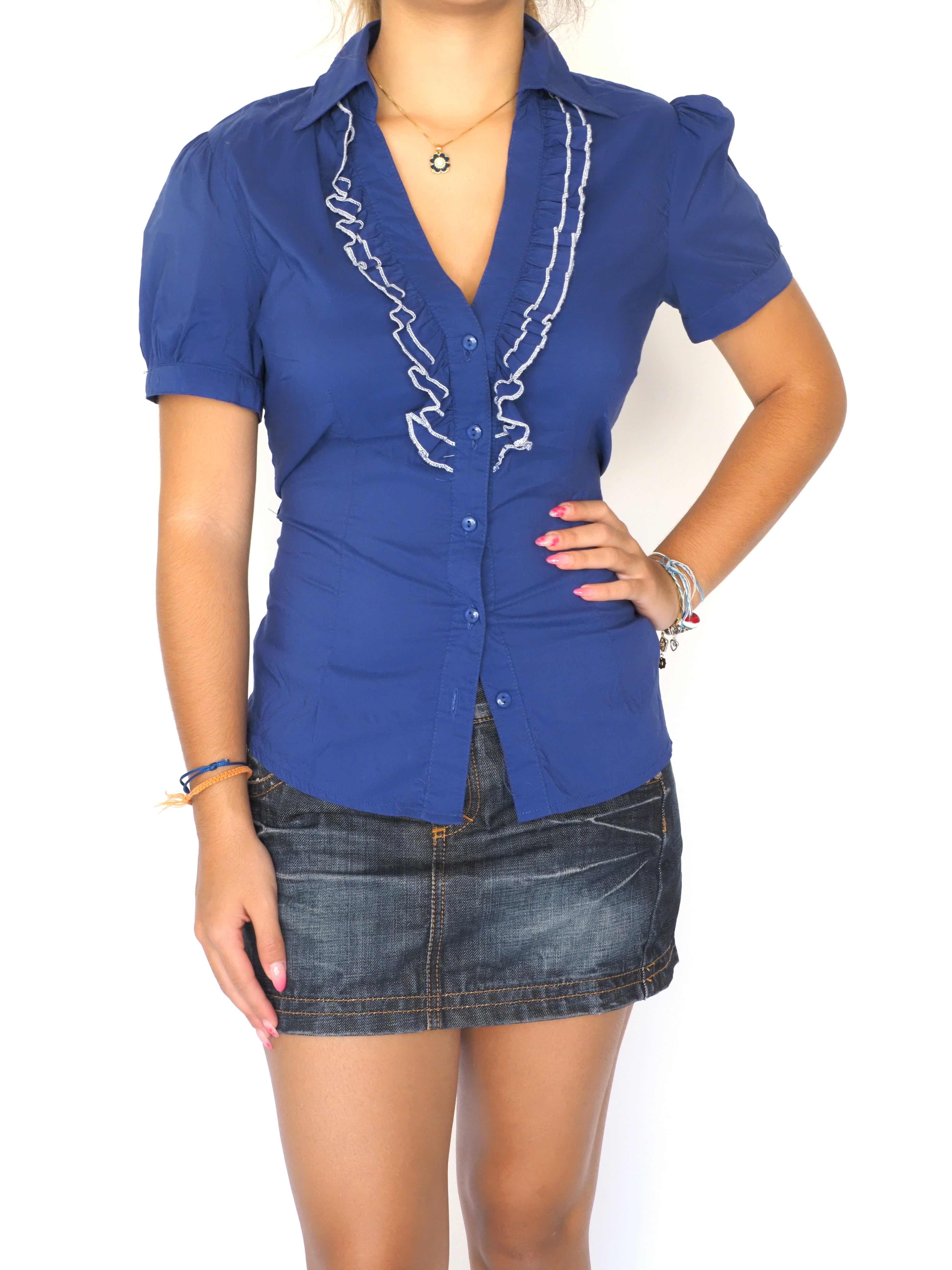 Ruffle Trim Fitted Blouse – Moon Star – Royal Blue
