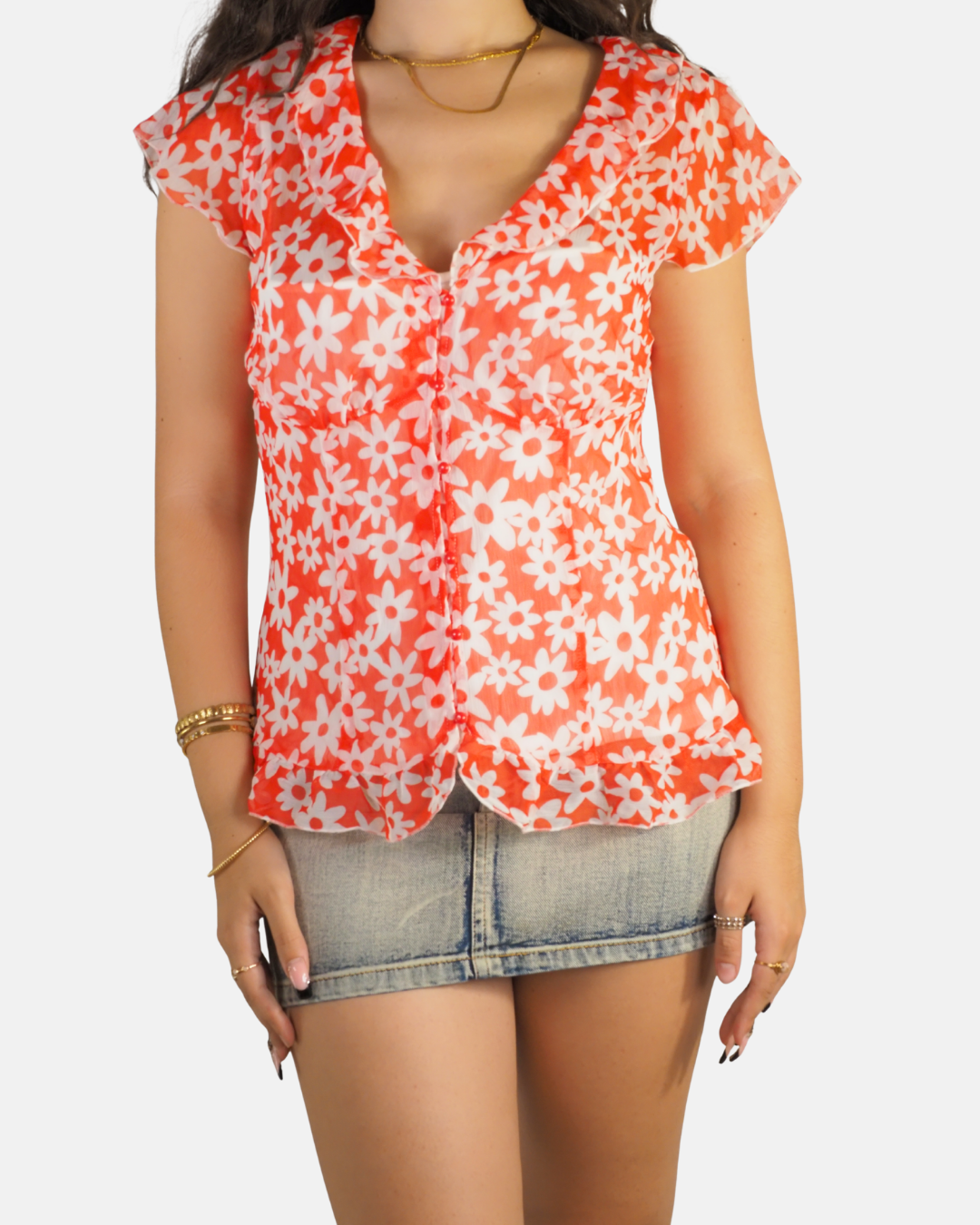 Y2K Orange Daisy Ruffle Blouse - M&S