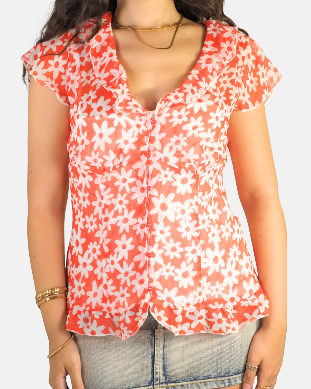 Y2K Orange Daisy Ruffle Blouse - M&S