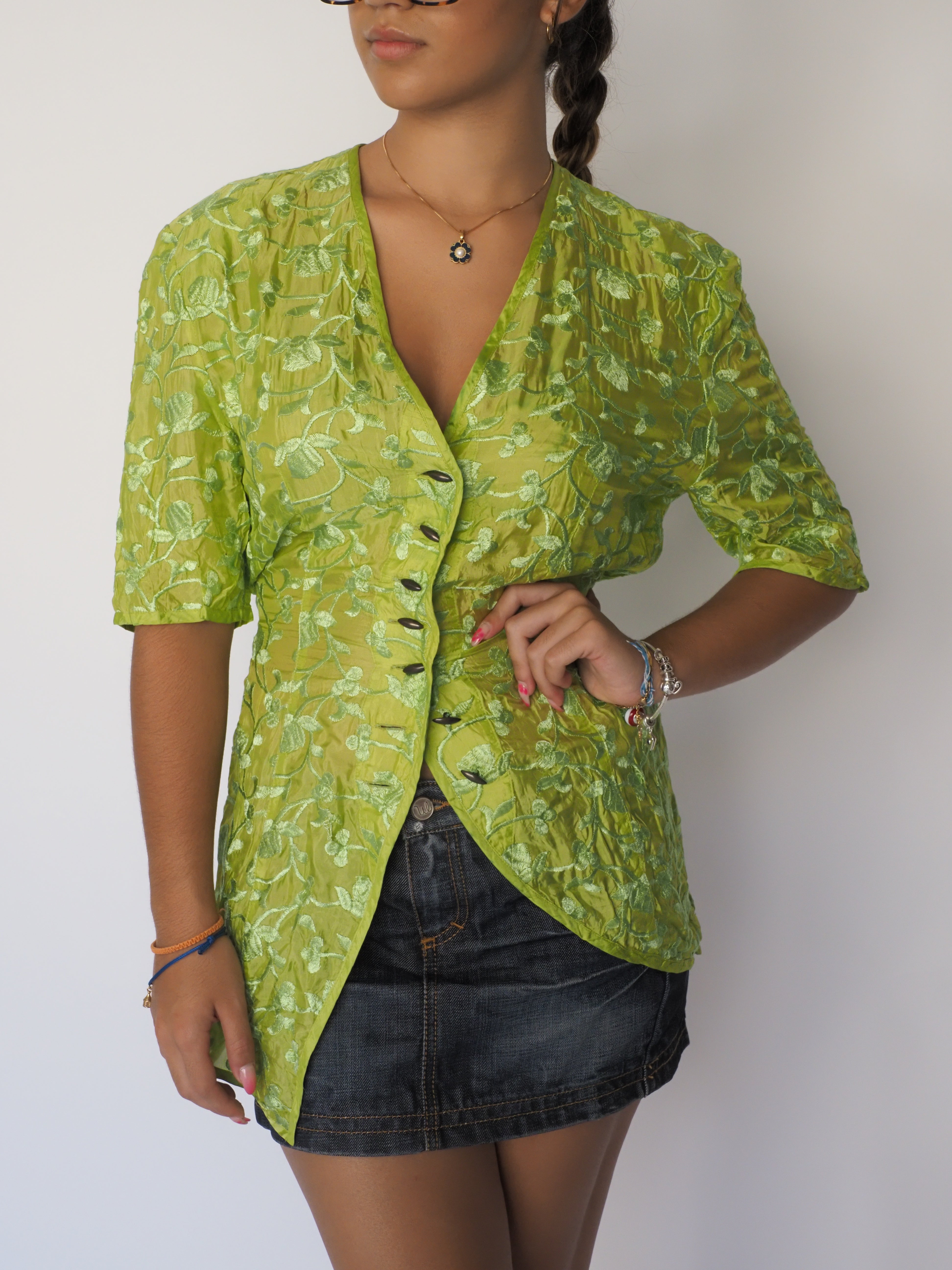 Talìa Millarca Lime Green Floral Embroidered Crinkle Blouse