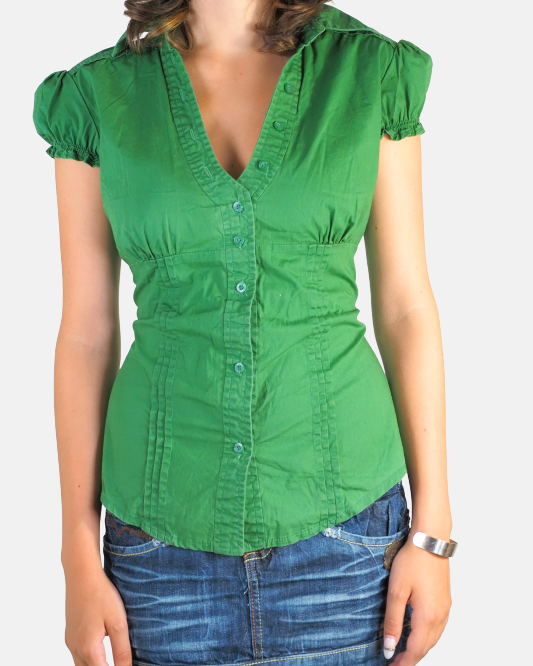 Y2K Green Puff Sleeve Fitted Blouse - Mango