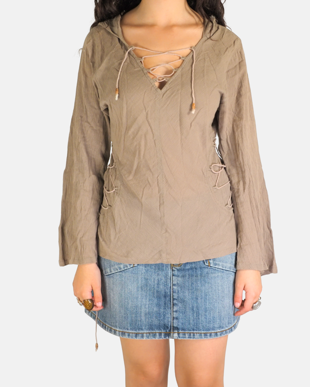 Taupe Lace Up Hooded Top