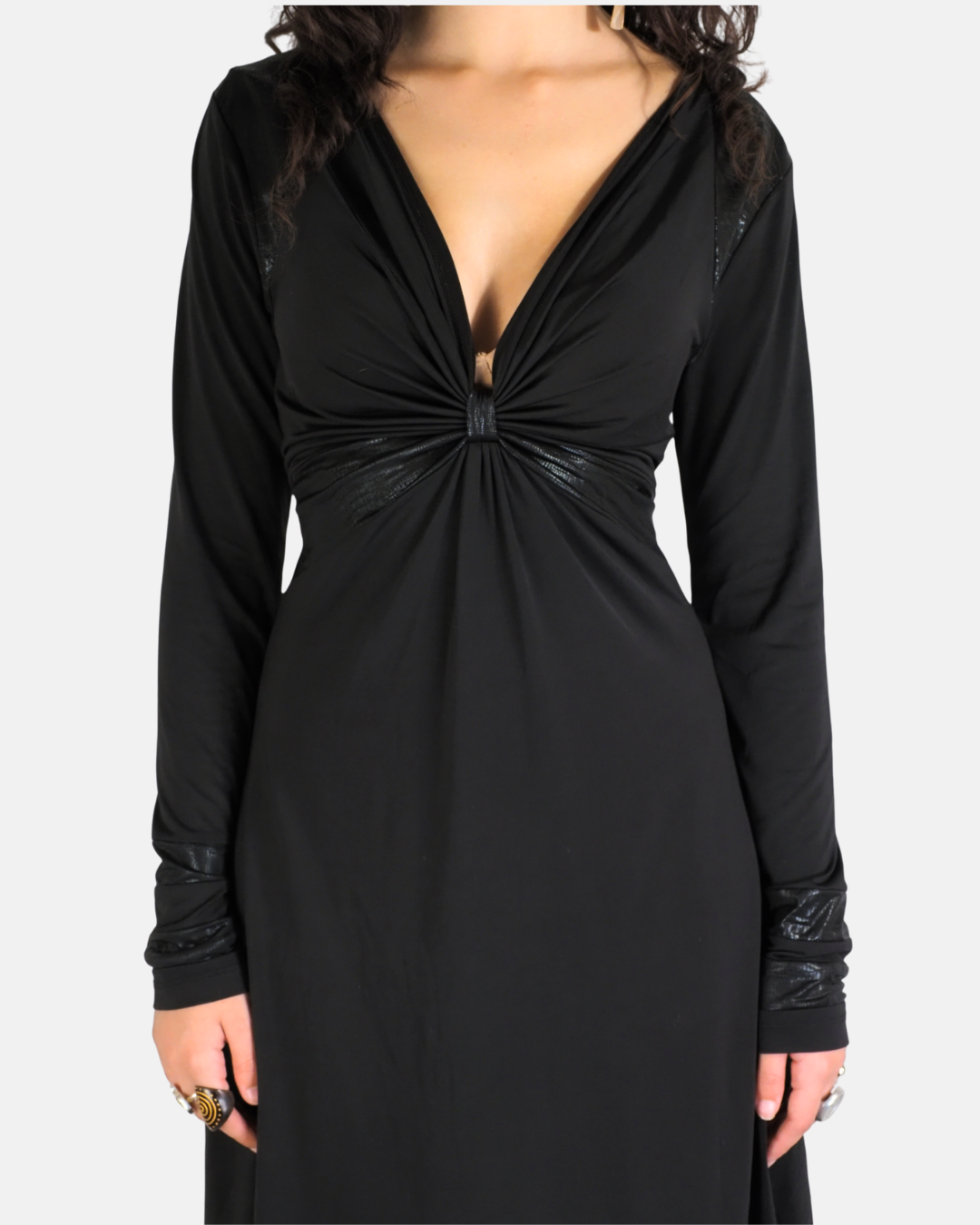 Black Ruched Long Sleeve Midi Dress - Morgan