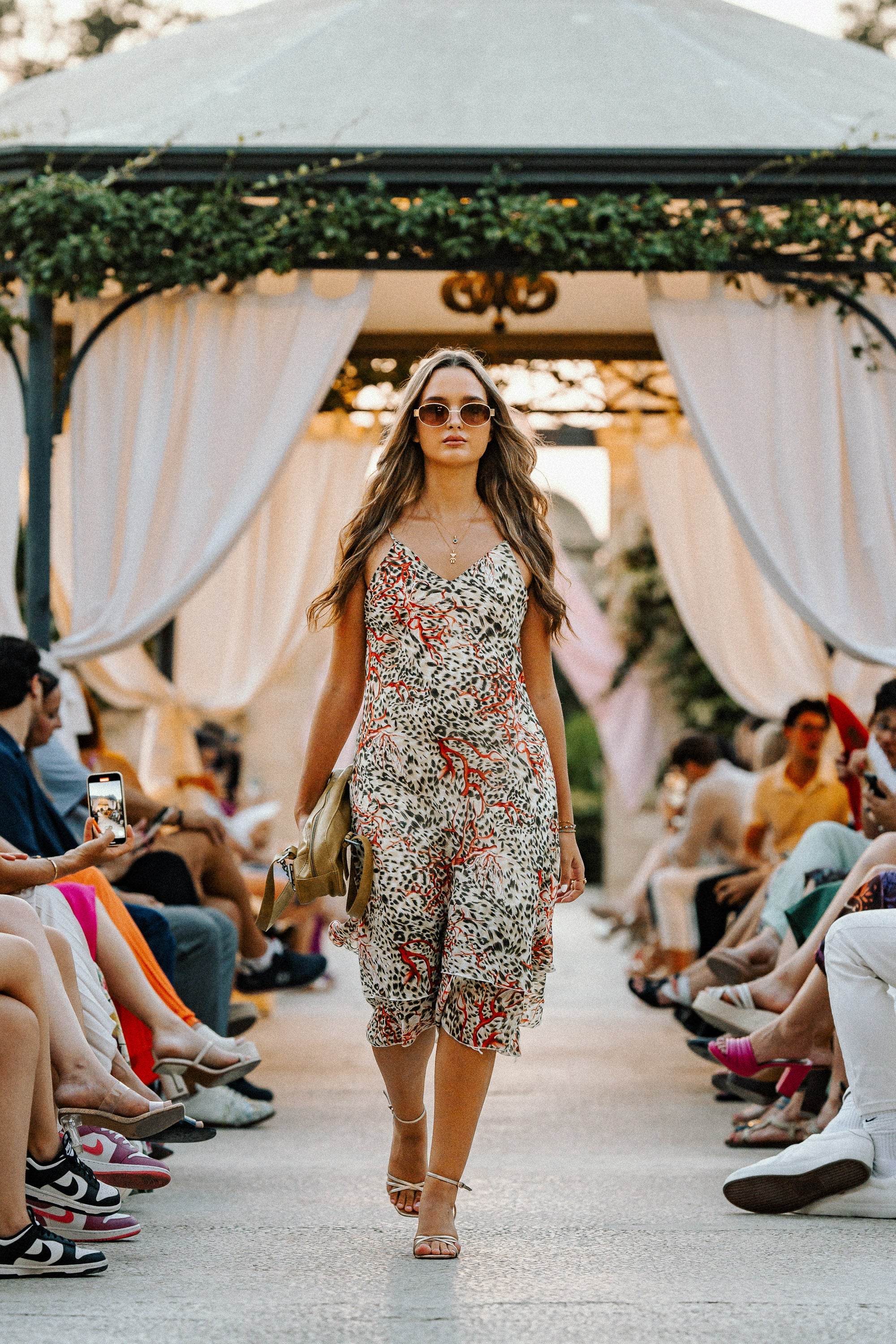 Asymmetrical Flow Midi-Dress Leopard and Coral Detail in Beige, Brown and Orange