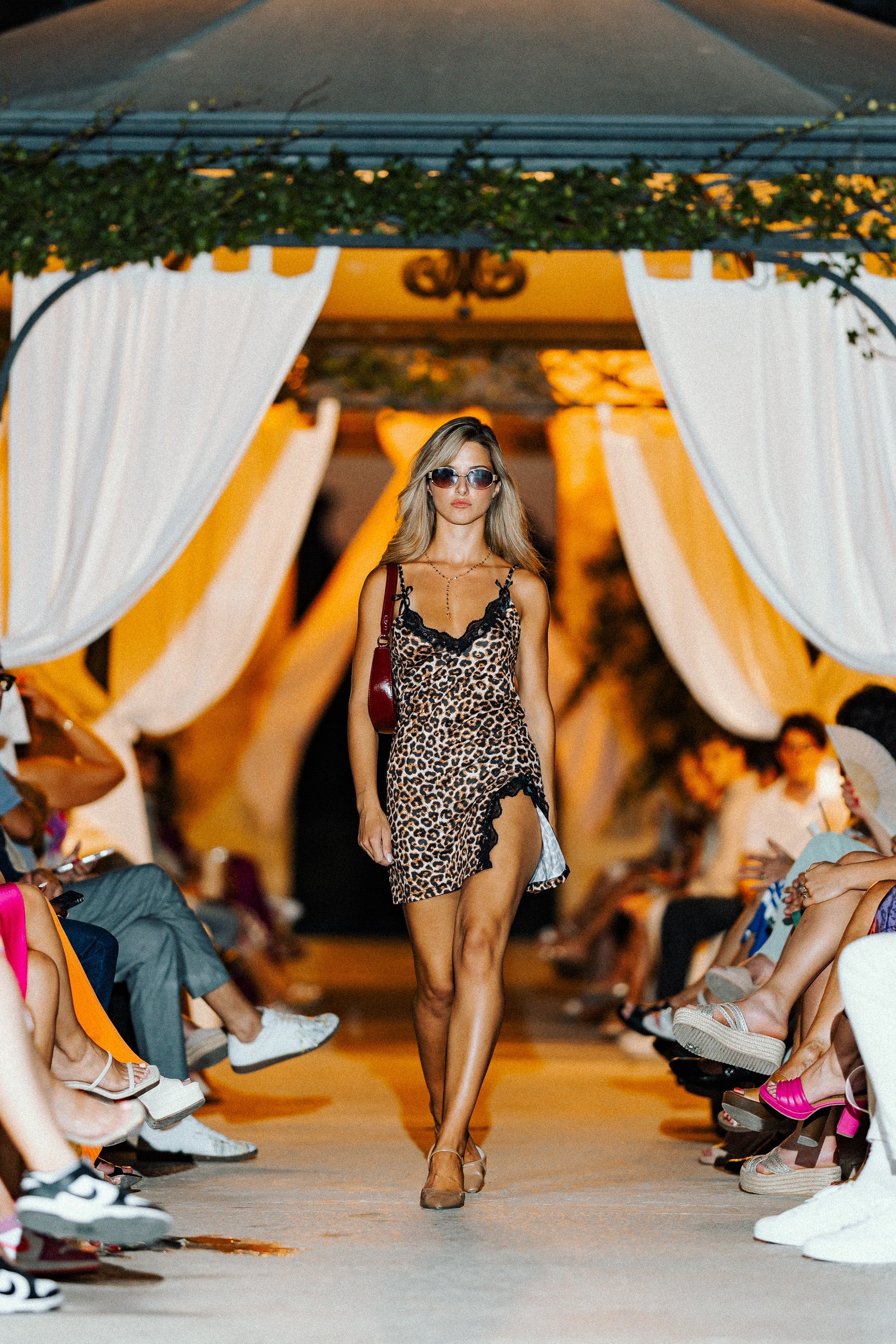 Leopard Print Slip-Dress with side slit and lace neck detail in Brown and Black