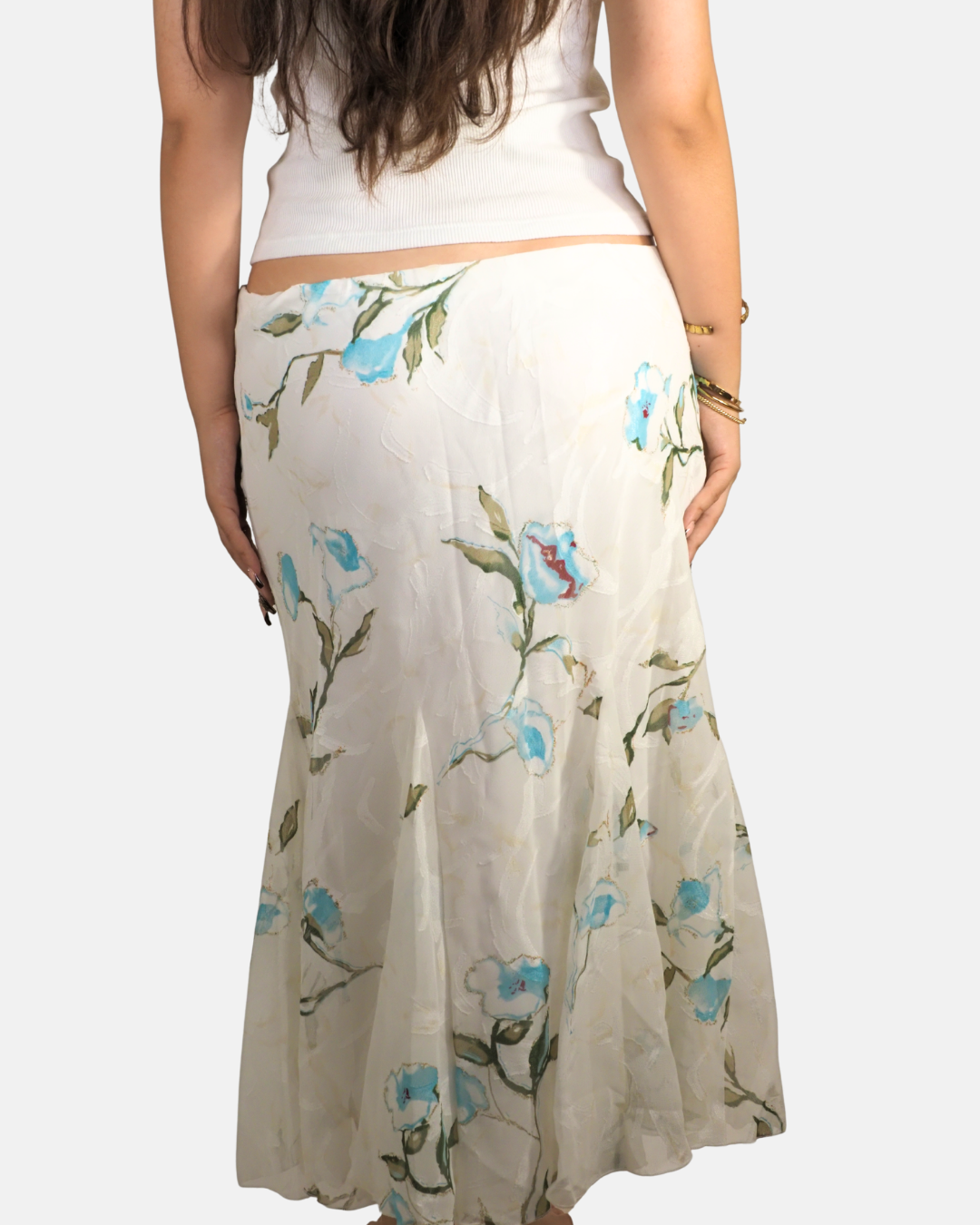 Creamy White & Blue Floral Mermaid Maxi Skirt