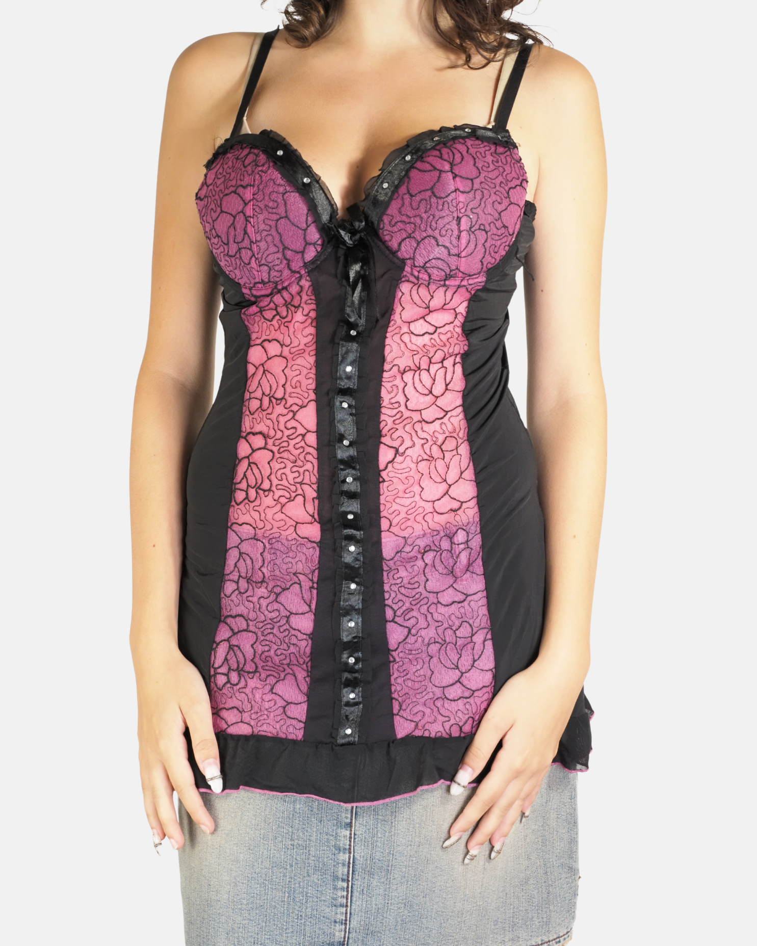 Pink & Black Lace Corset Cami Top