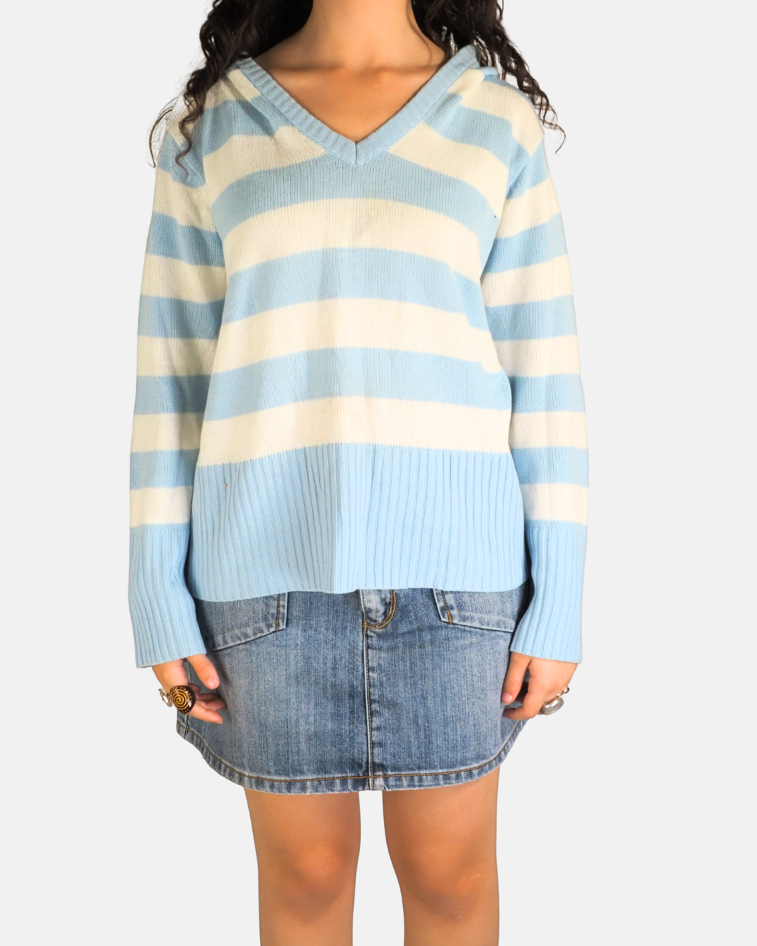 Blue Striped Hooded Knit Sweater - X-Mail