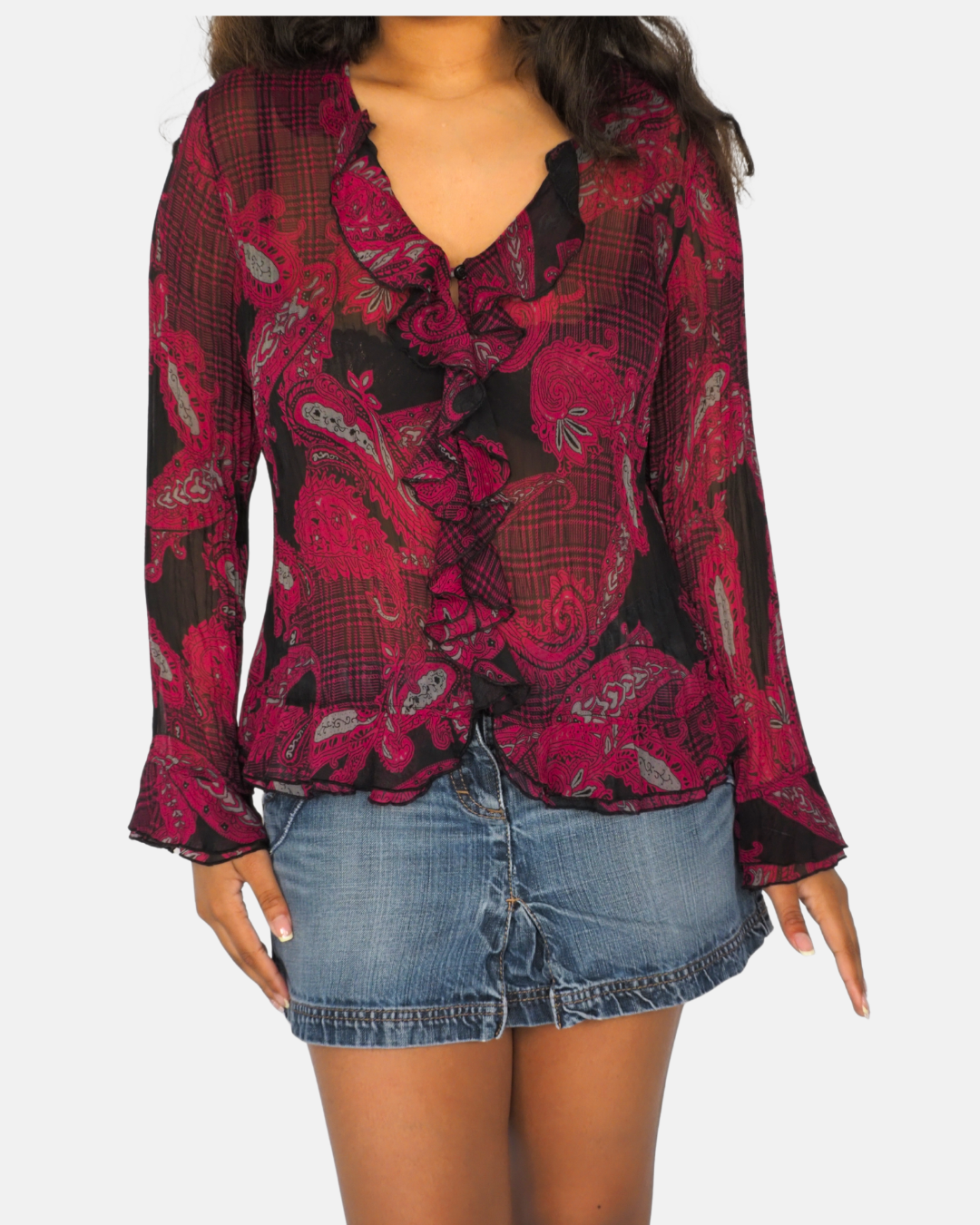 One Touch Red & Black Paisley Sheer Ruffle Blouse