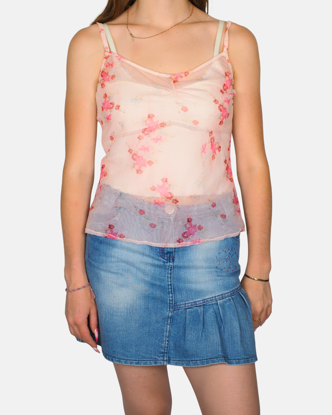 H&M Pink Floral Y2K Mesh Tank Top