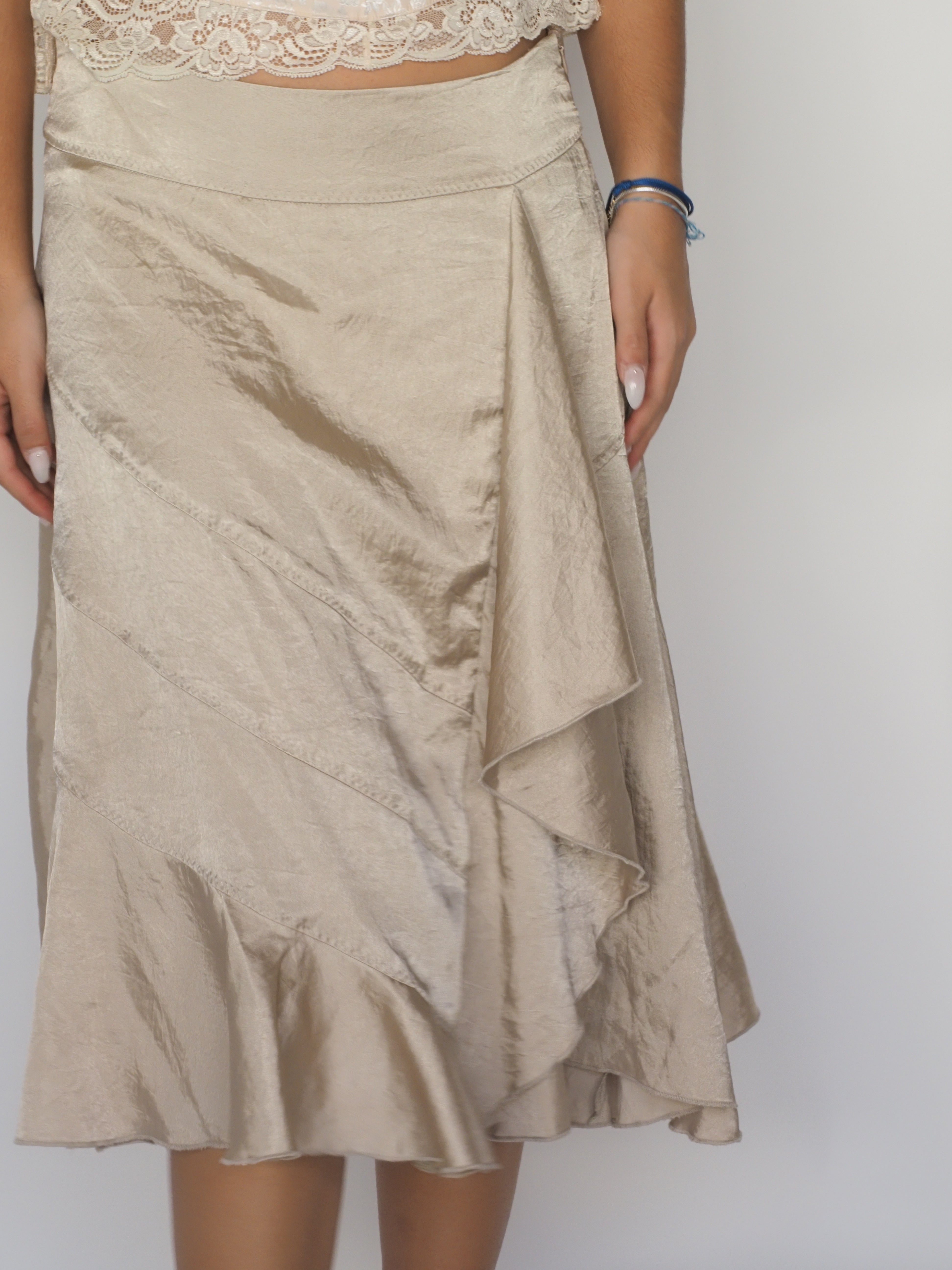 Champagne Satin Asymmetrical Ruffle Midi Skirt – Morgan