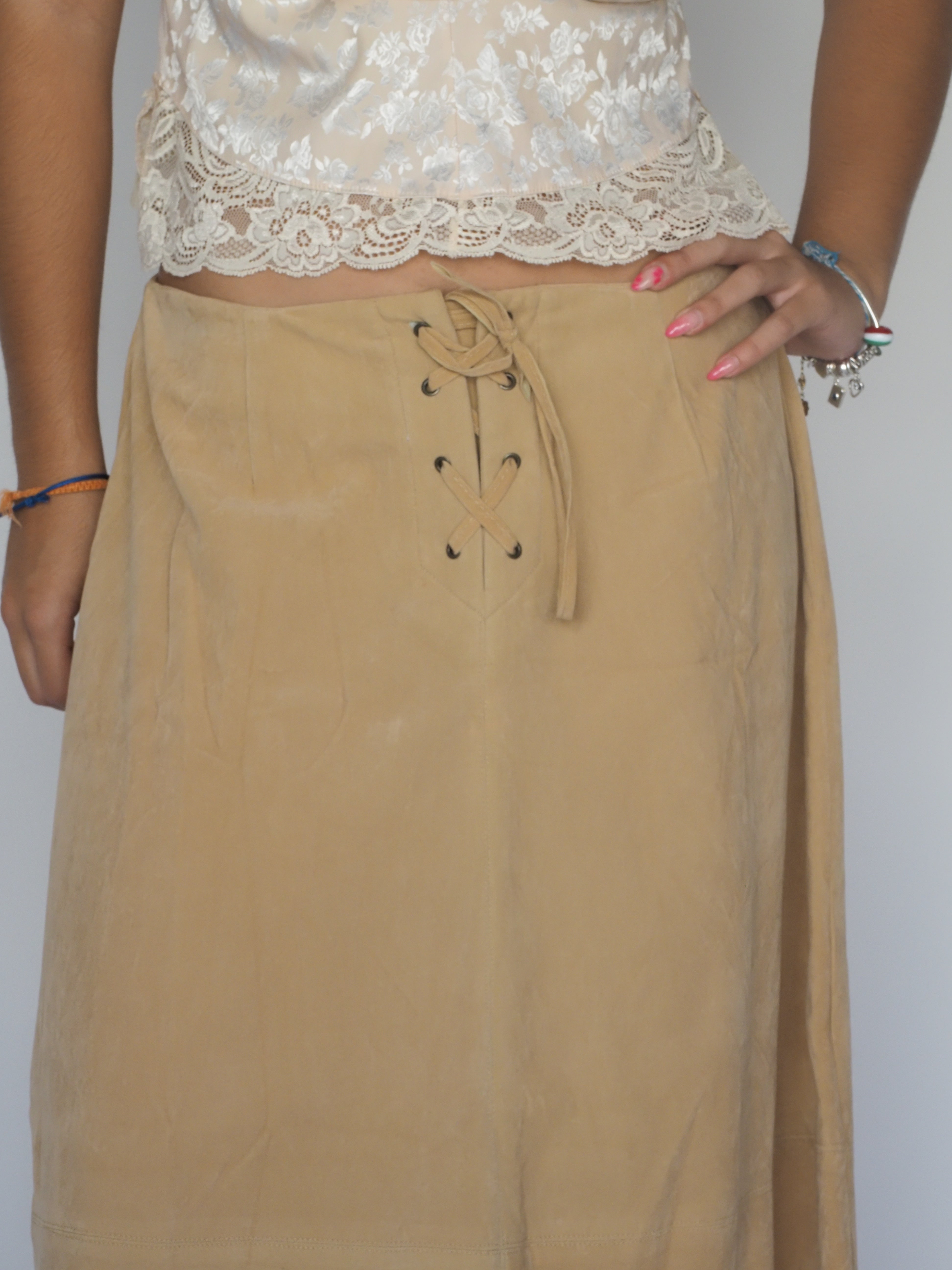Camel Suede Maxi Skirt with Lace-Up Waist – Advance
