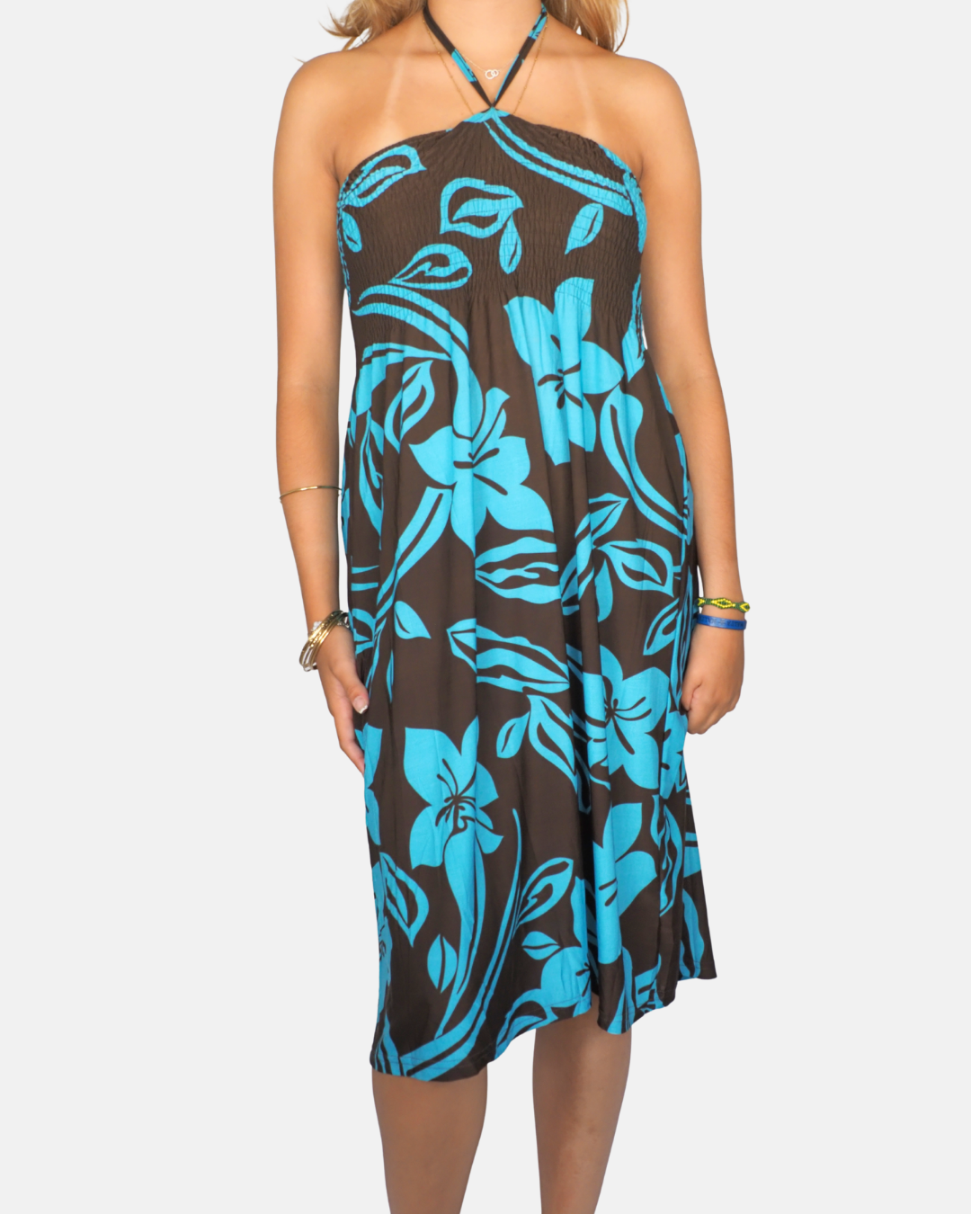 Tropical Brown and Blue  Halter Maxi Dress