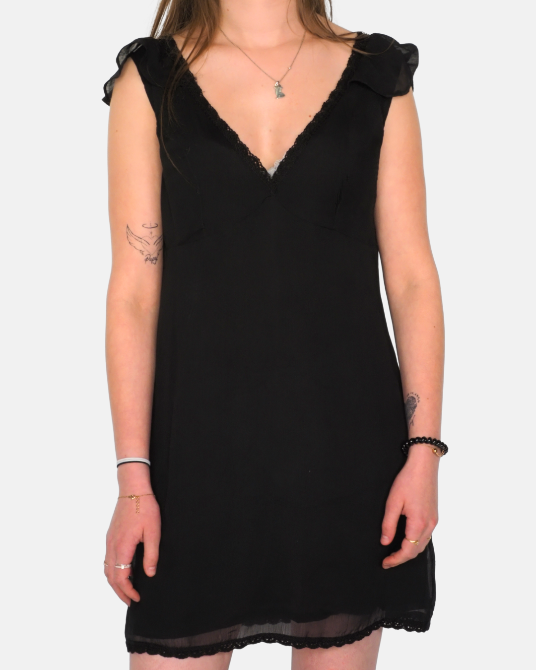 Vintage Black Chiffon Lace Trim Mini Dress