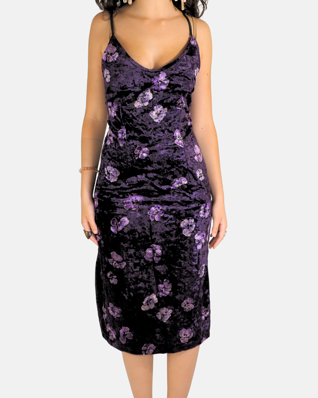 Purple Floral Velvet Midi Dress - Mitika