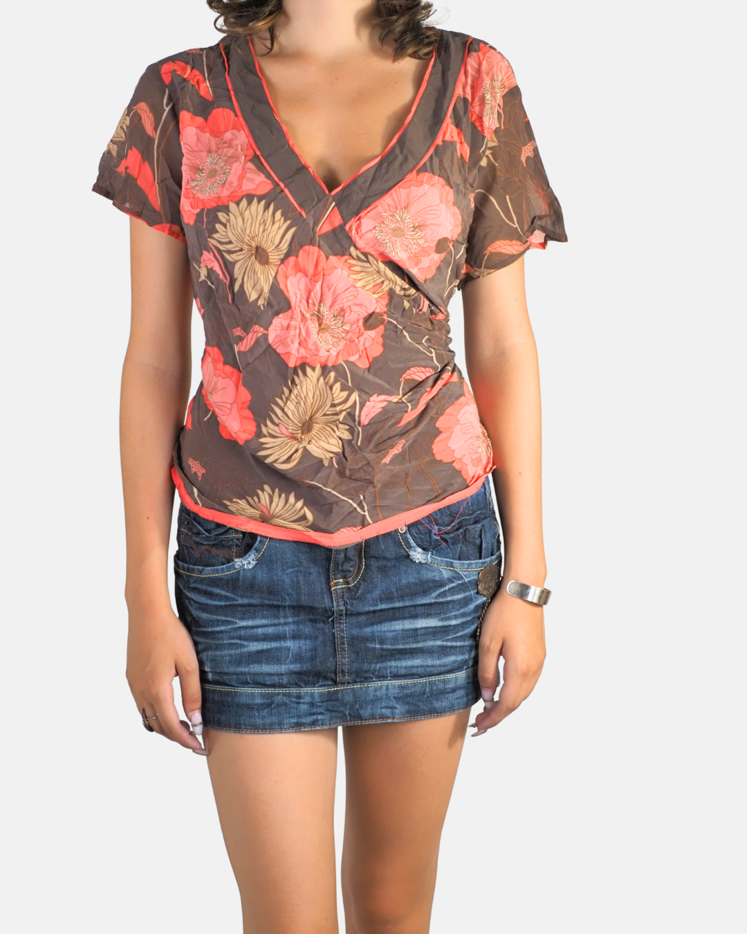 Y2K Brown & Coral Floral V-Neck Top