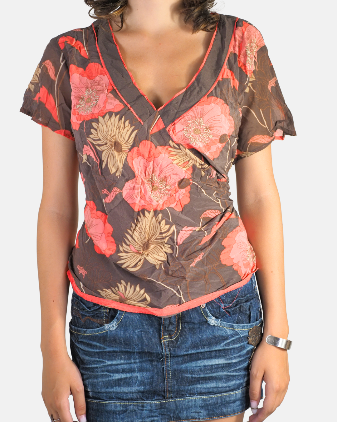 Y2K Brown & Coral Floral V-Neck Top