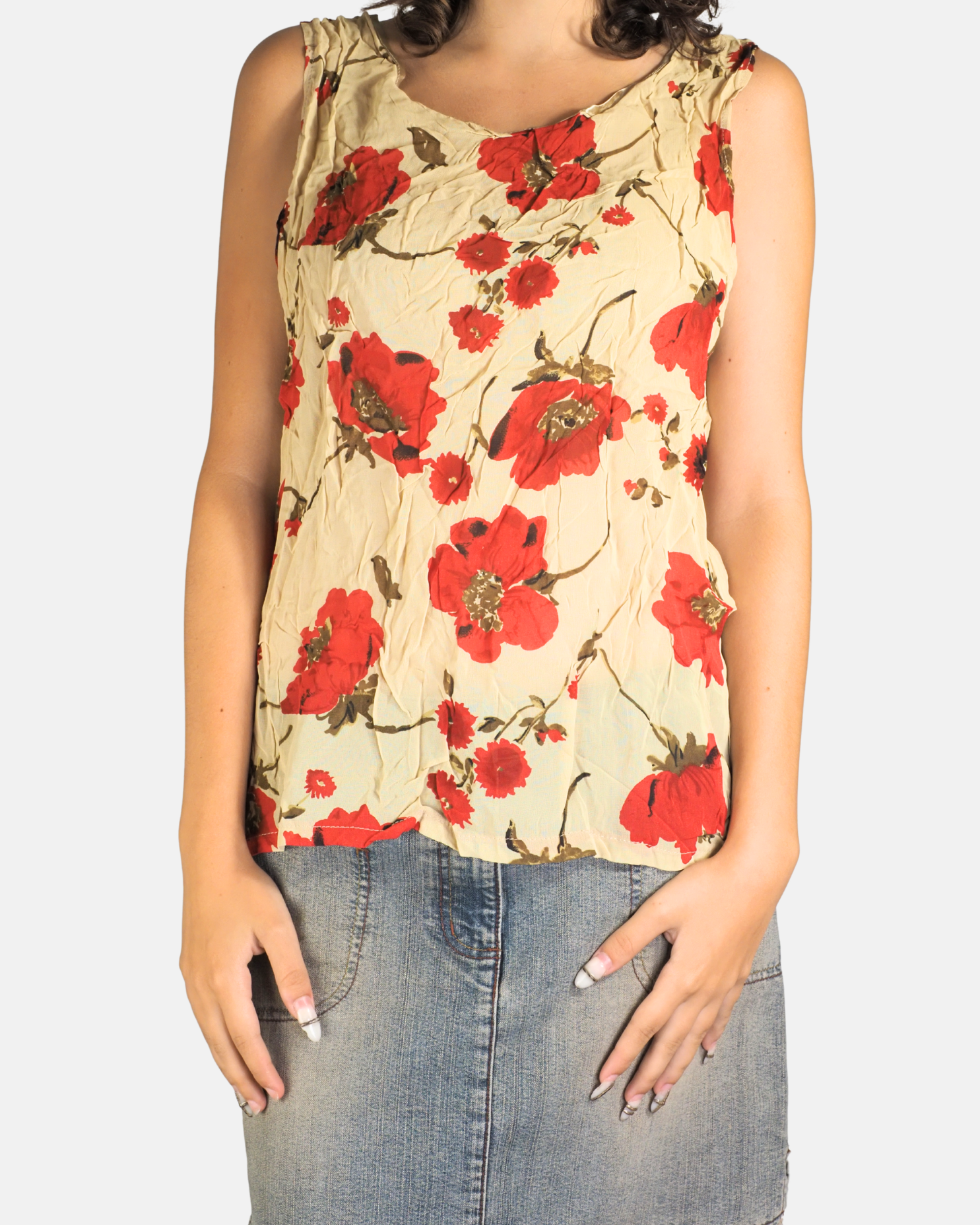 Cream Red Poppy Floral Crinkle Top