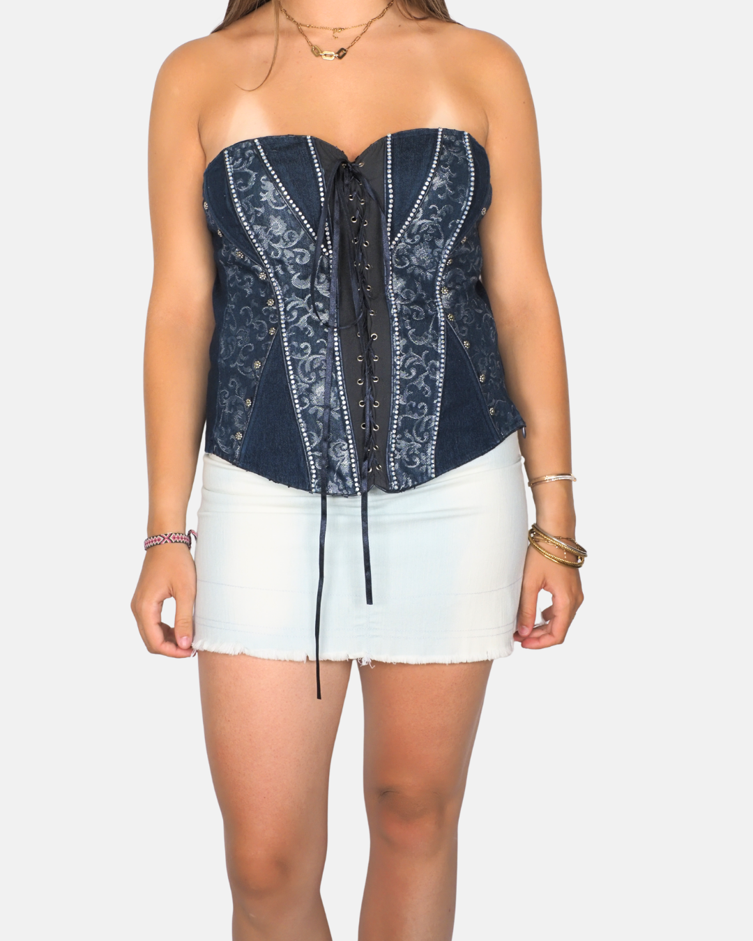 Lovie Navy Blue Brocade Lace-Up Corset Top