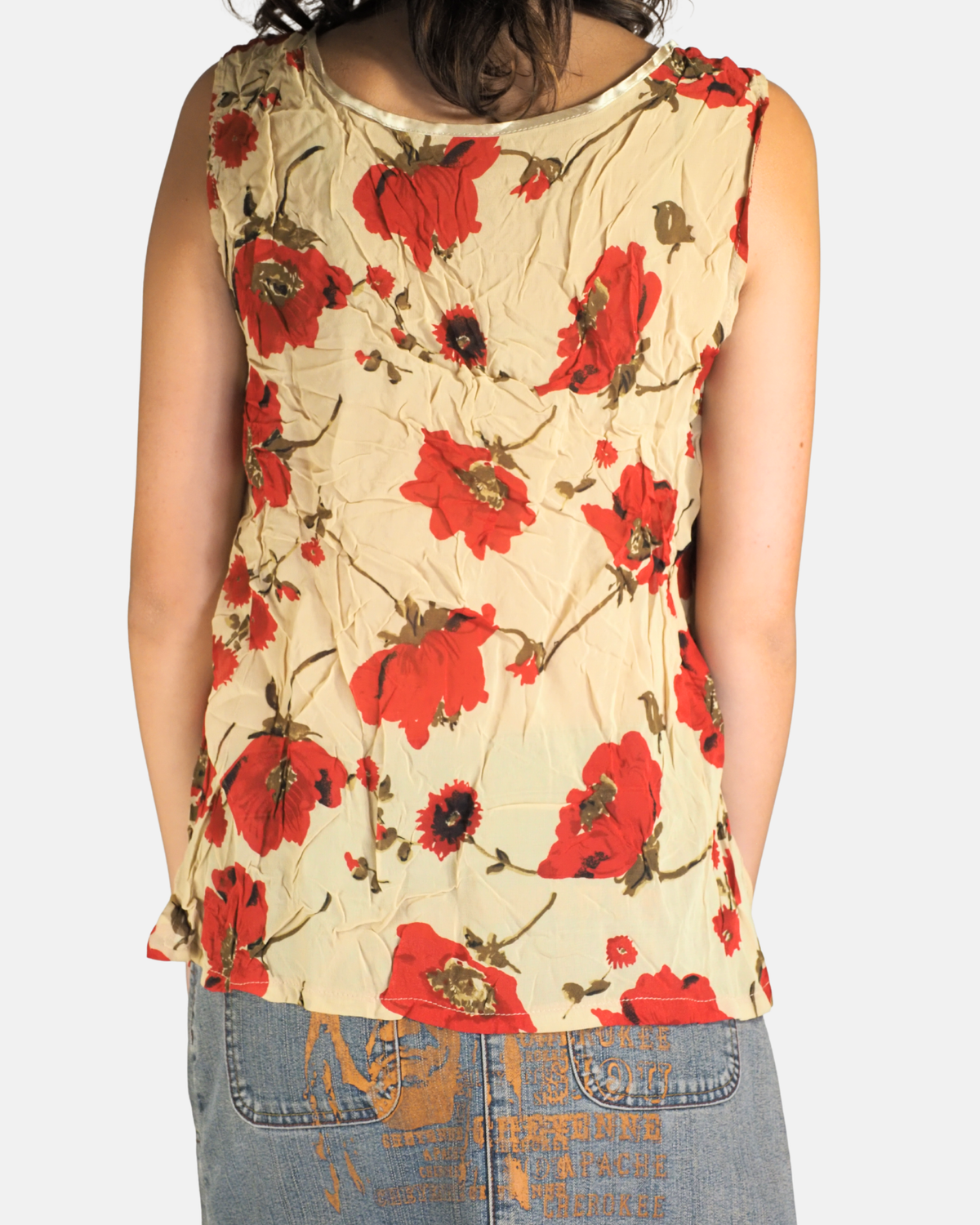 Cream Red Poppy Floral Crinkle Top