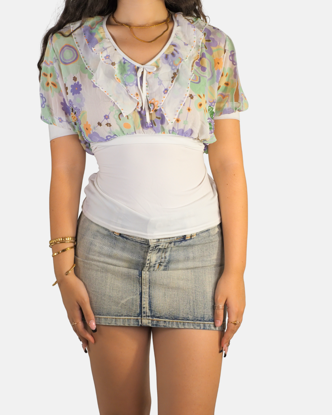 Y2K Pastel Floral Layered Mesh Top - See You
