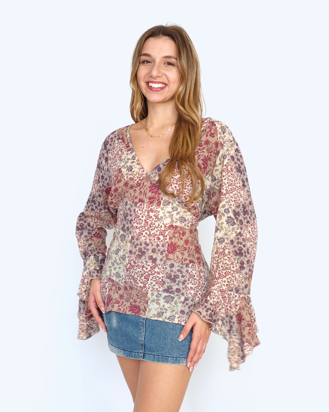 Fashion Bug Bell Sleeve Patterned Top with Lace-up Detail