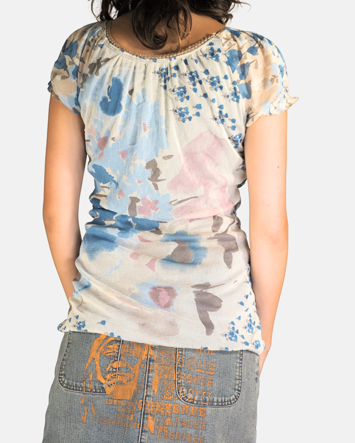 Blue Floral Ruched Puff Sleeve Top
