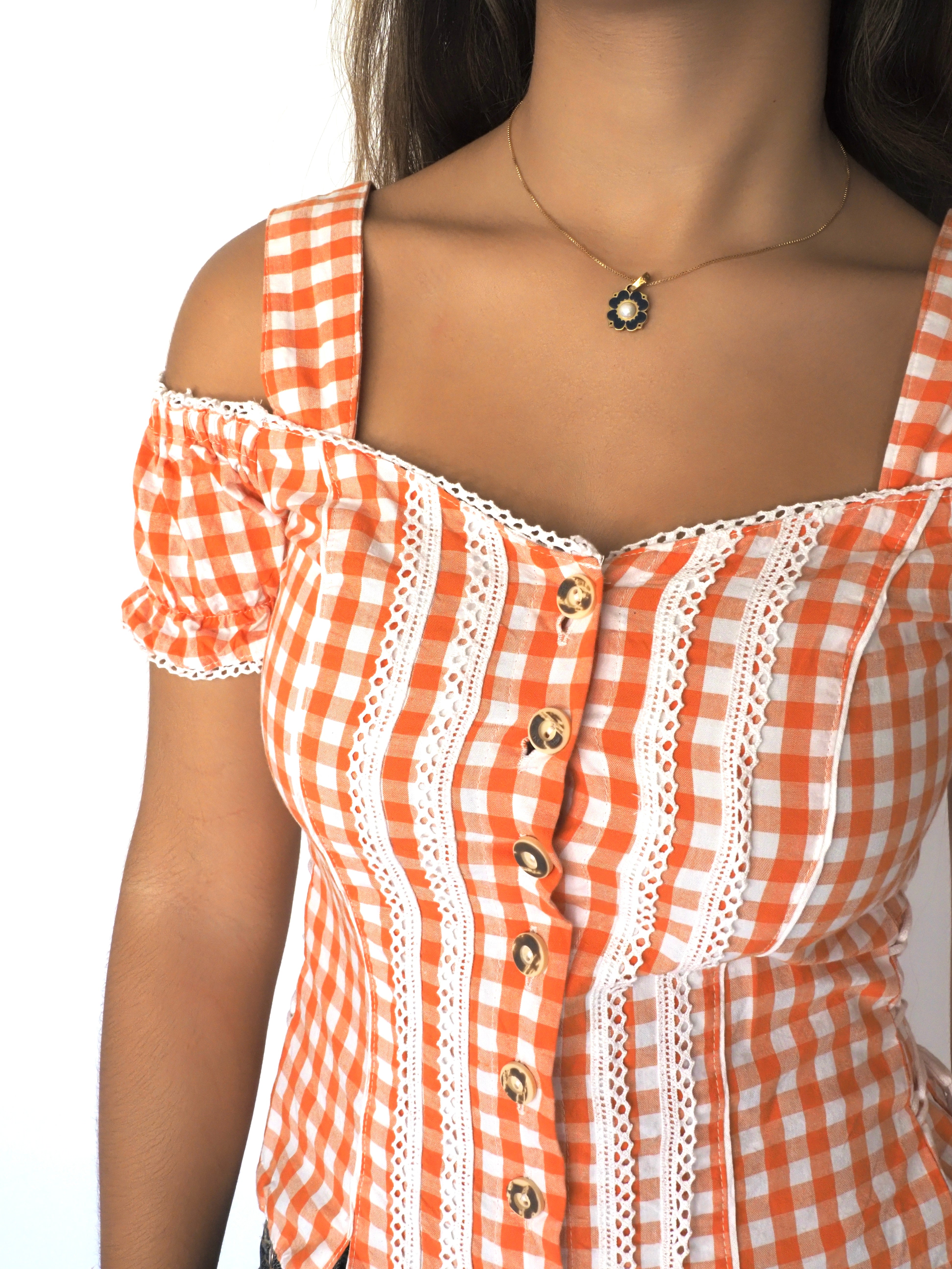Marjo Orange Gingham Corset-Style Bavarian Top