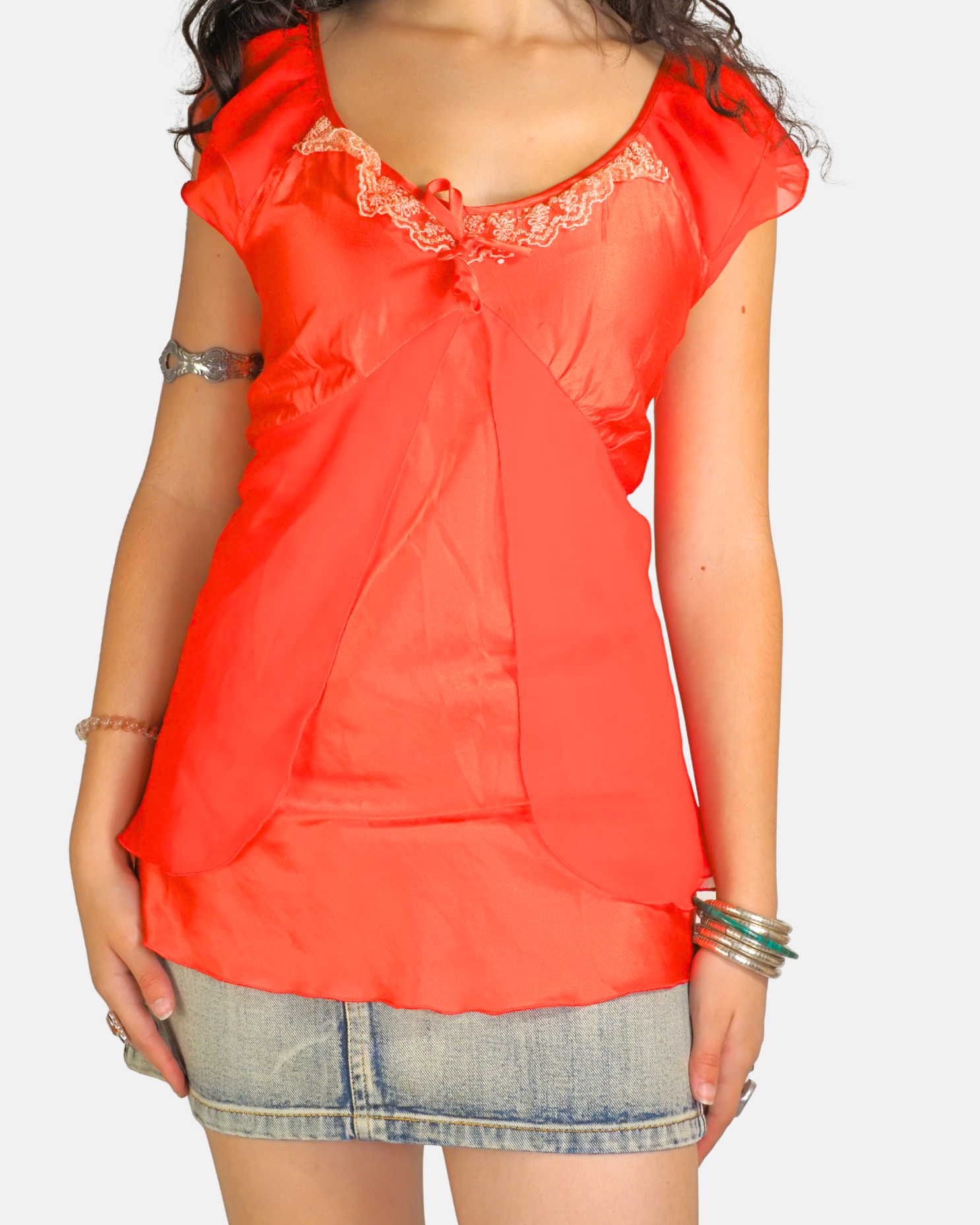 Coral Satin Lace Babydoll Top