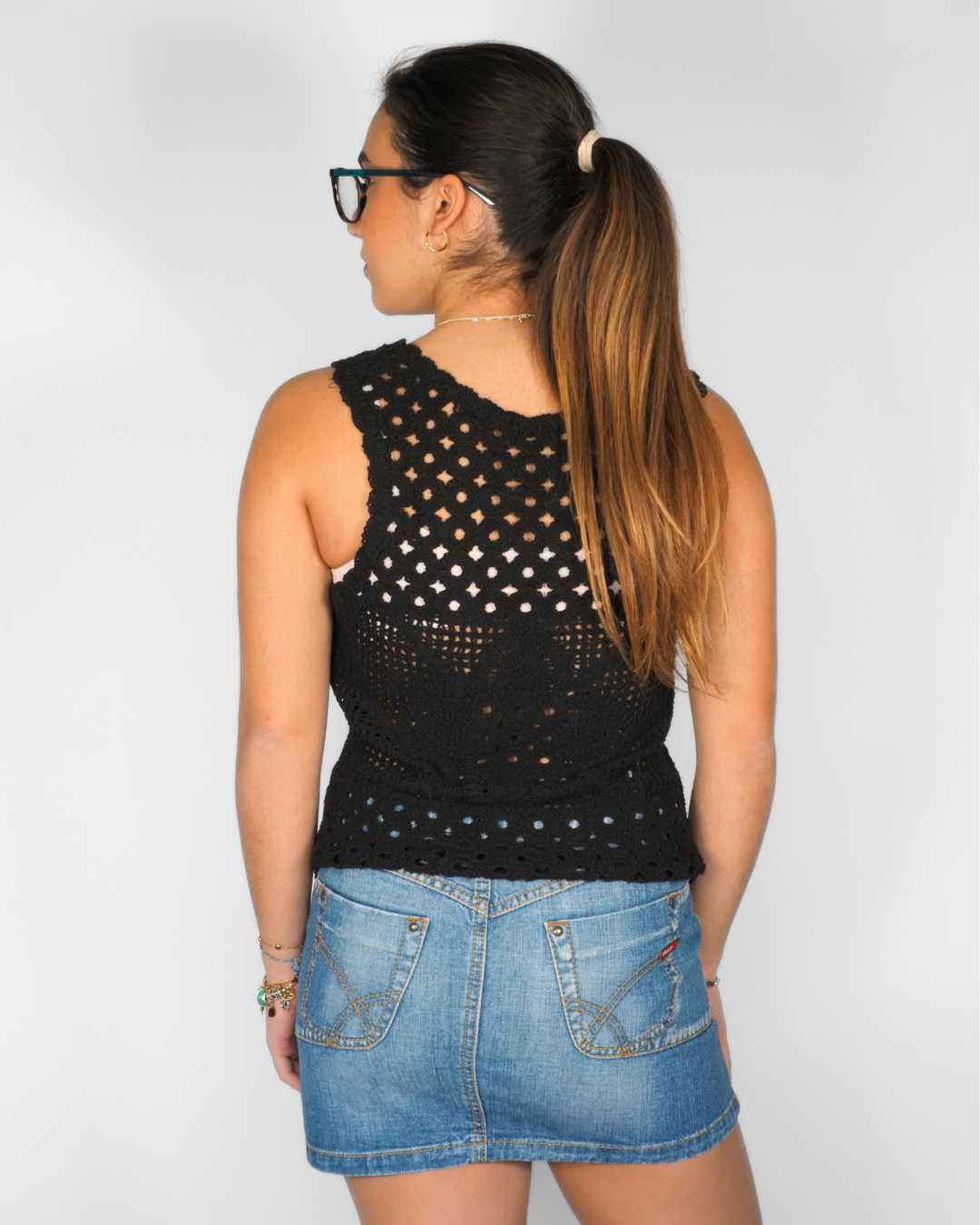 Black Crochet Knit Button-Up Vest Top