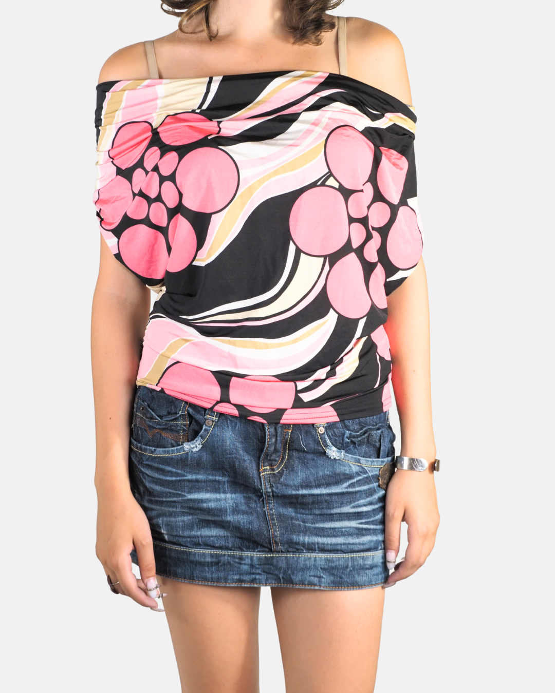 Pink & Black Abstract Floral Off Shoulder Tie Top