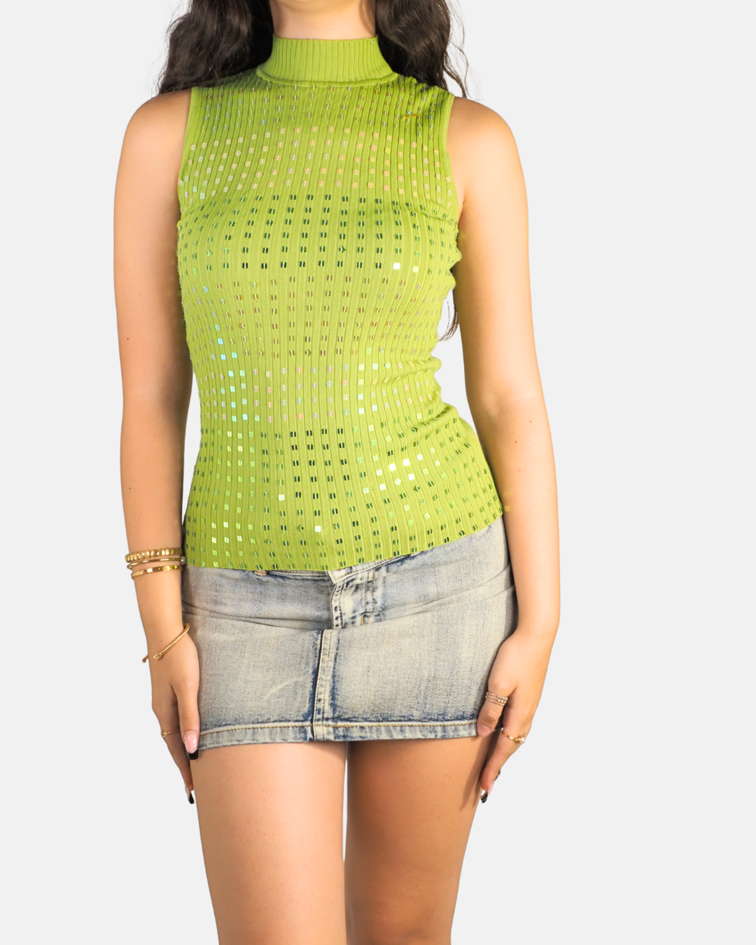 Y2K Lime Green Sequin Turtle Neck Top