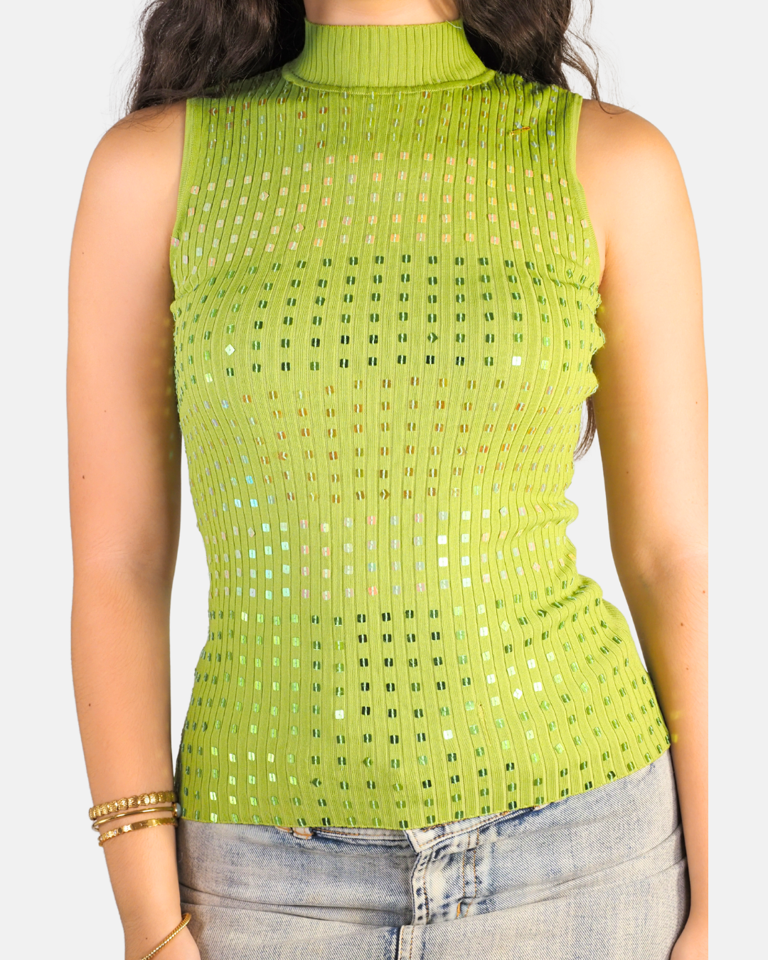 Y2K Lime Green Sequin Turtle Neck Top