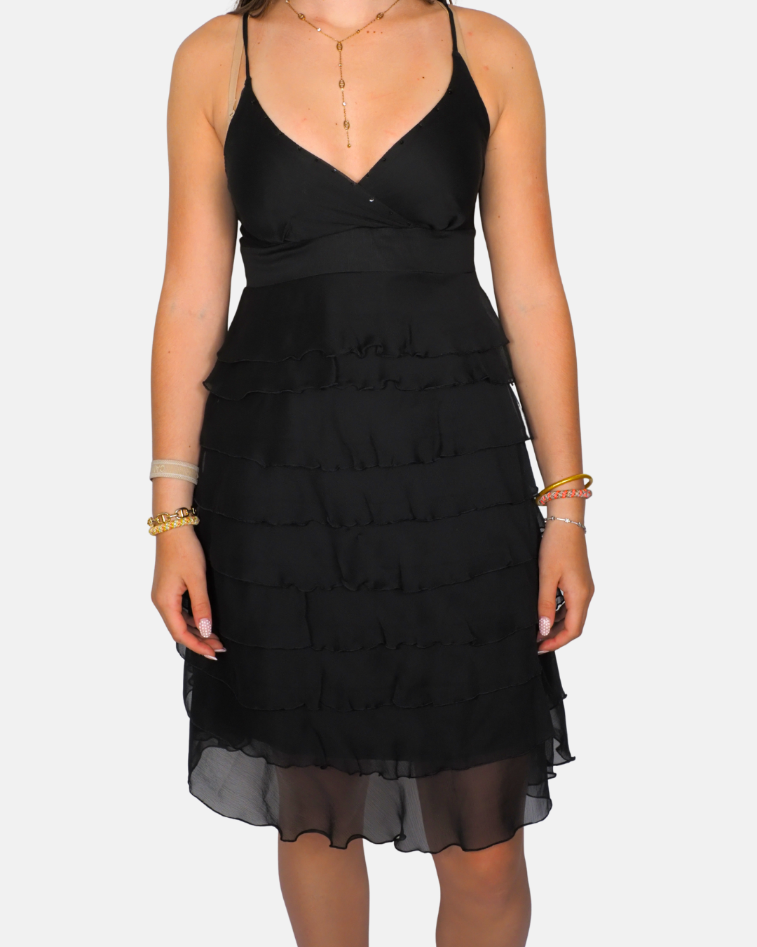 Black Tiered Chiffon Party Dress By Yessica