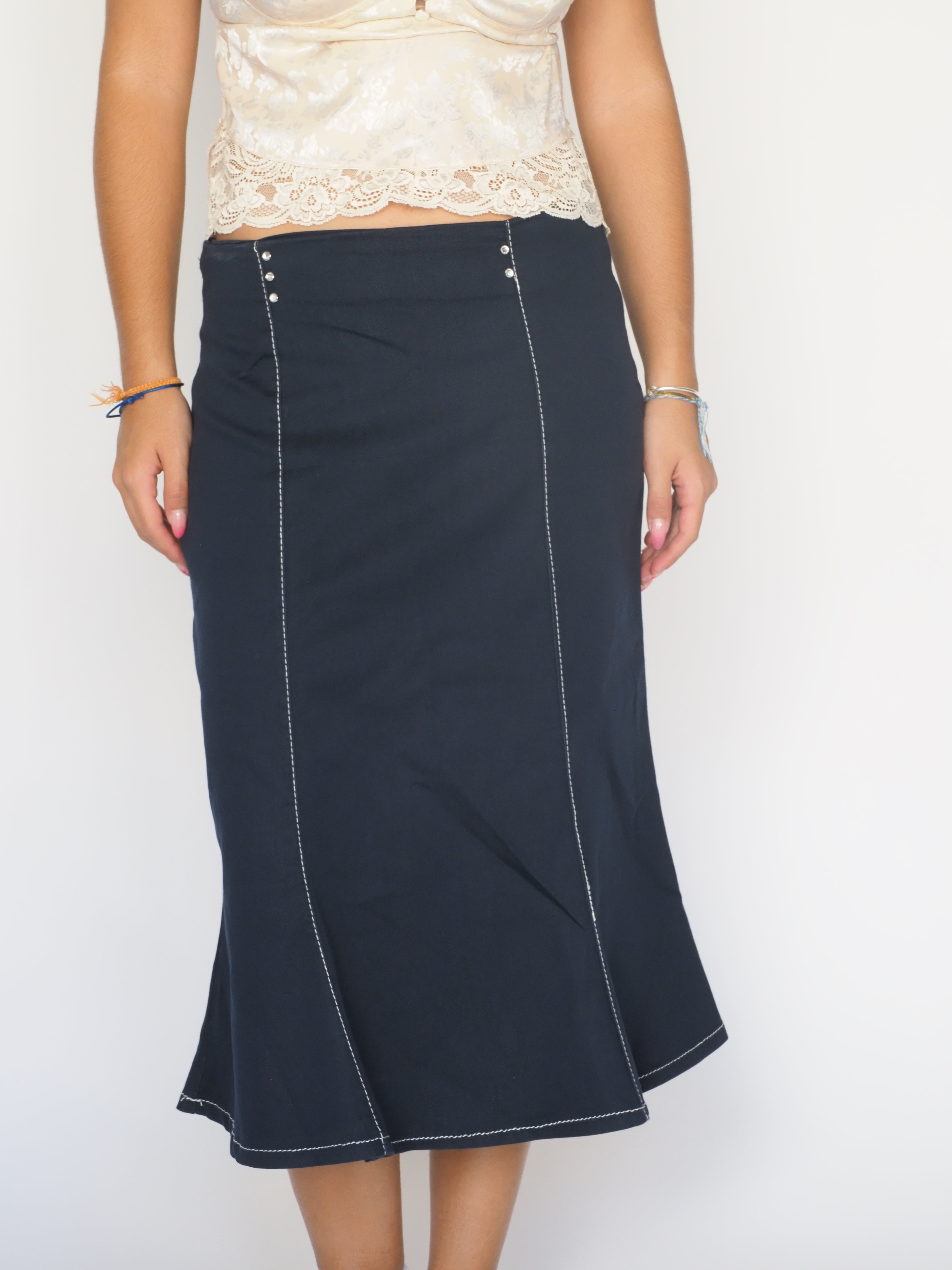 Navy Contrast Stitch Midi Skirt