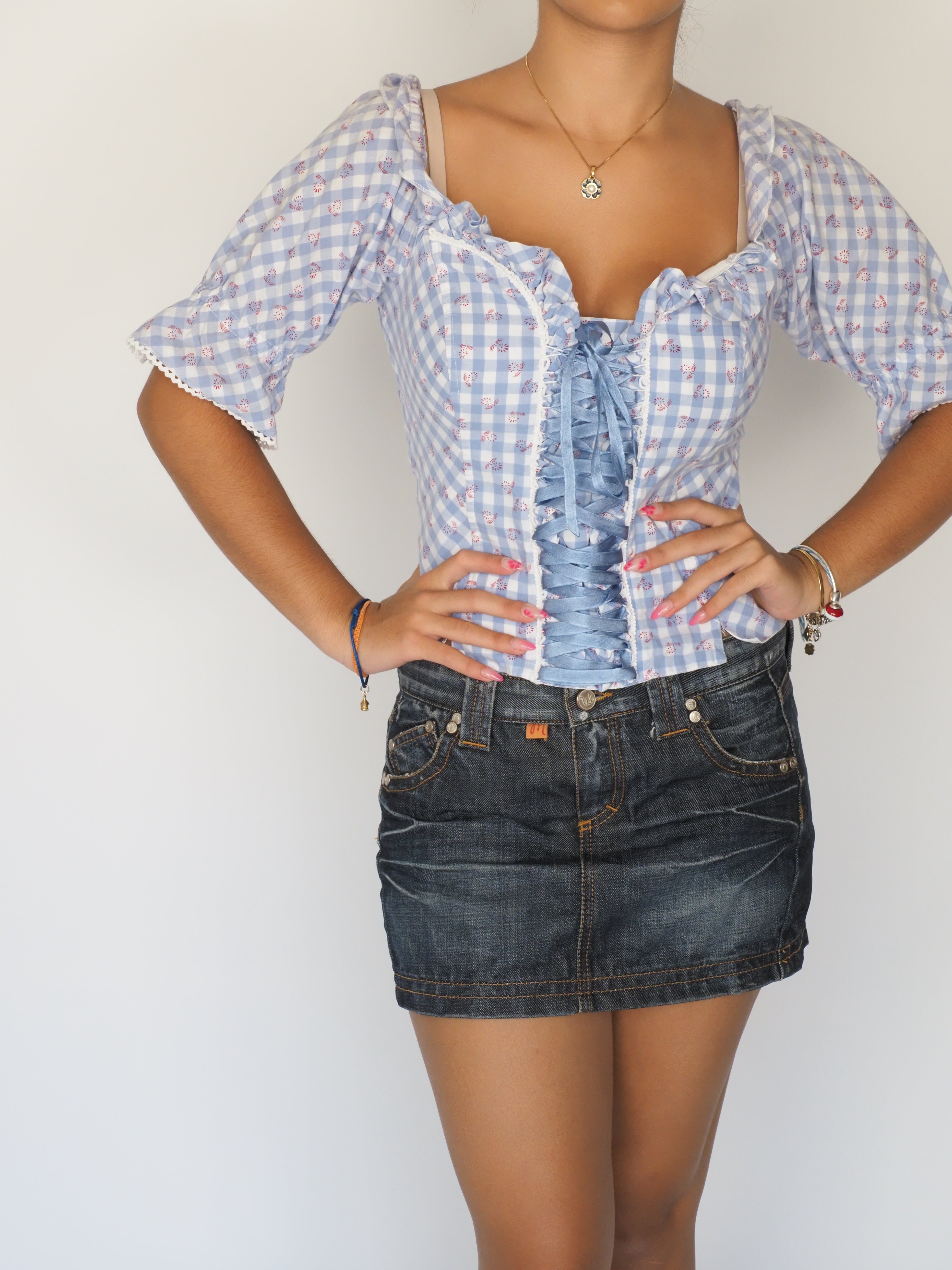 Alpenfeeling Blue Gingham Corset Top with Puff Sleeves and Lace Trim