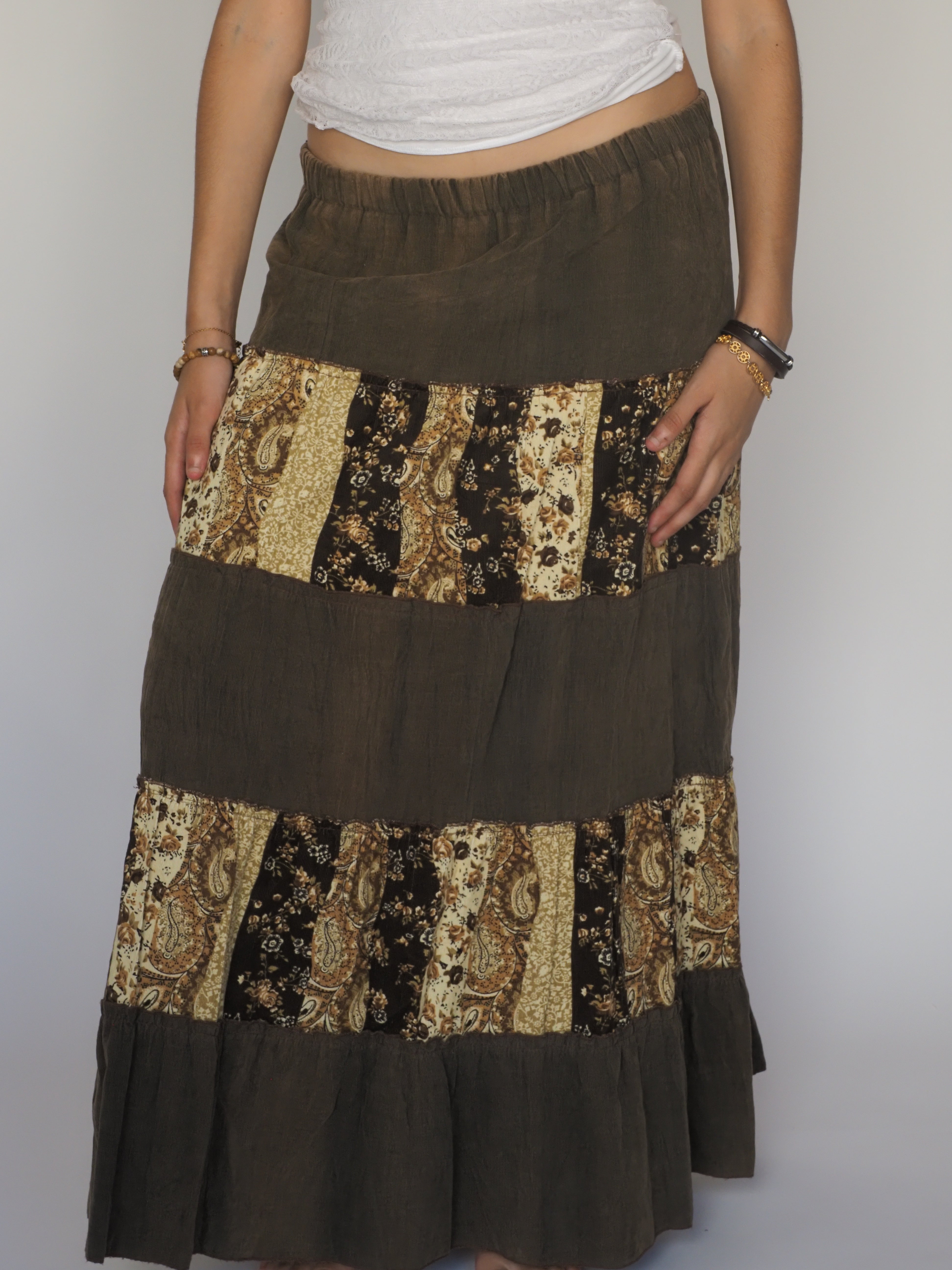 Vintage Earth-Toned Boho Patchwork Maxi Skirt
