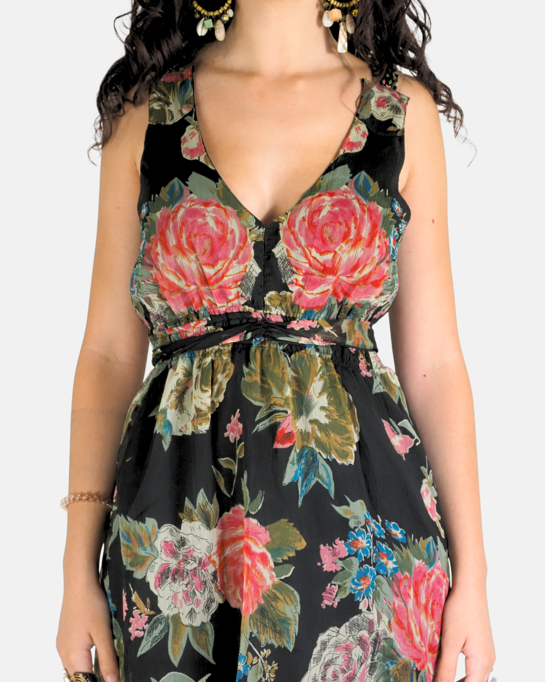 Black Rose Print Tie Waist Dress - Dilli Haat