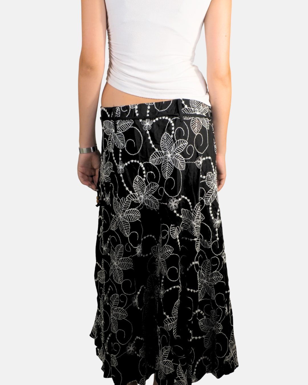 Black Embroidered Floral Wrap Maxi Skirt