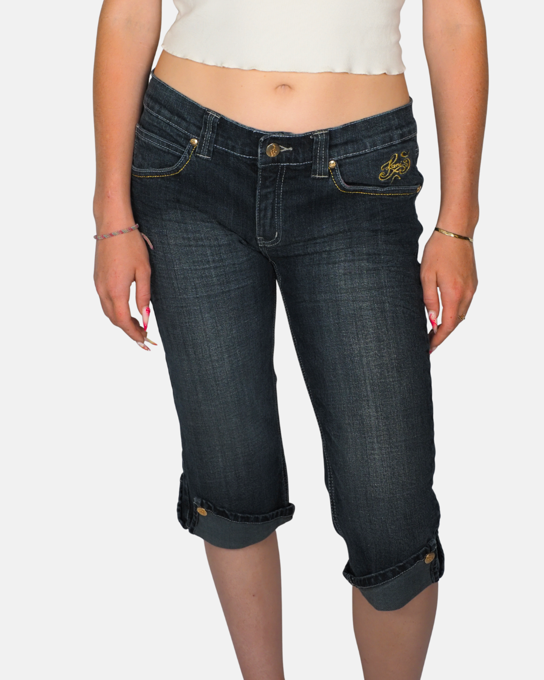 Dark Wash Embroidered Capri Denim Jeans by Rani