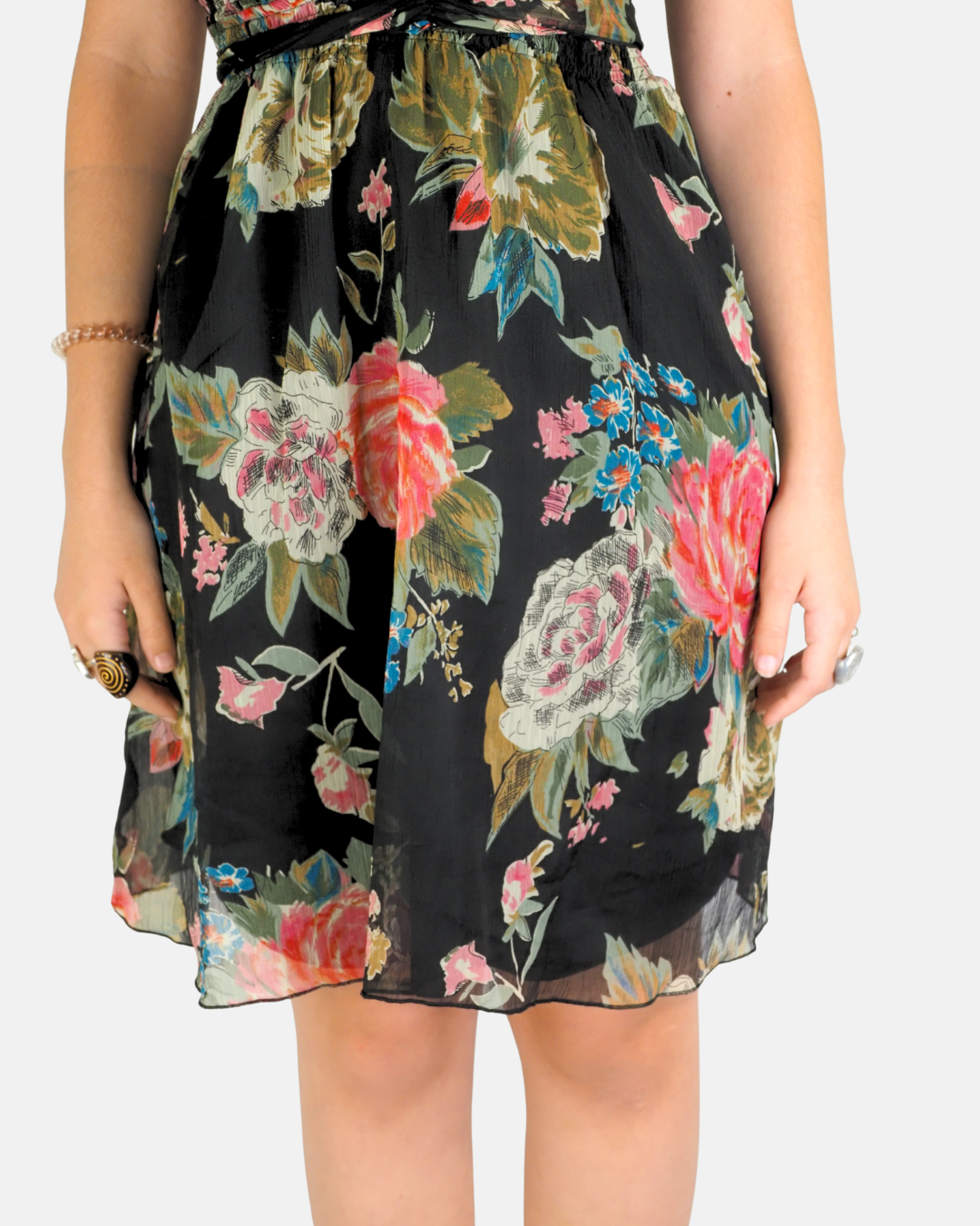 Black Rose Print Tie Waist Dress - Dilli Haat