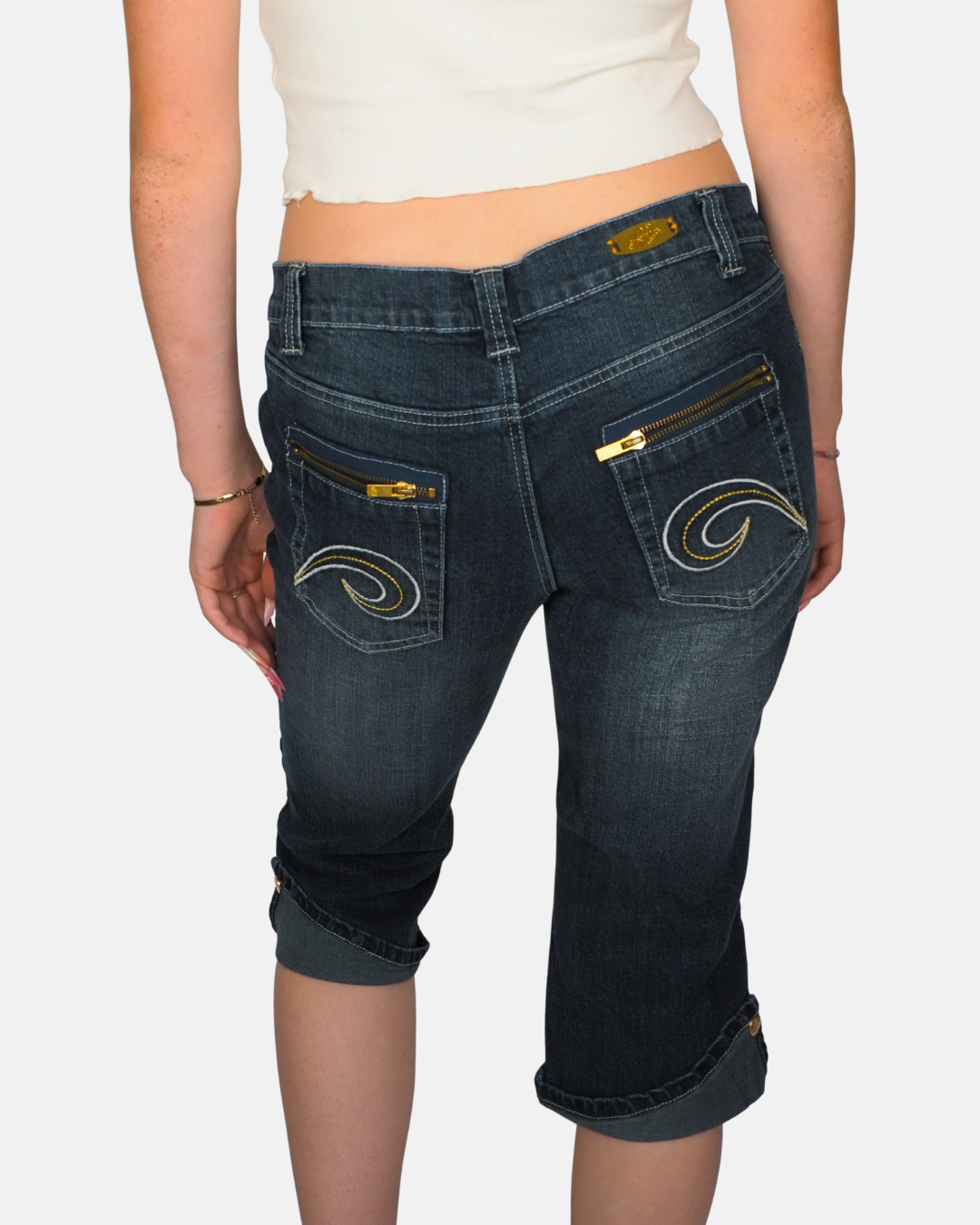 Dark Wash Embroidered Capri Denim Jeans by Rani
