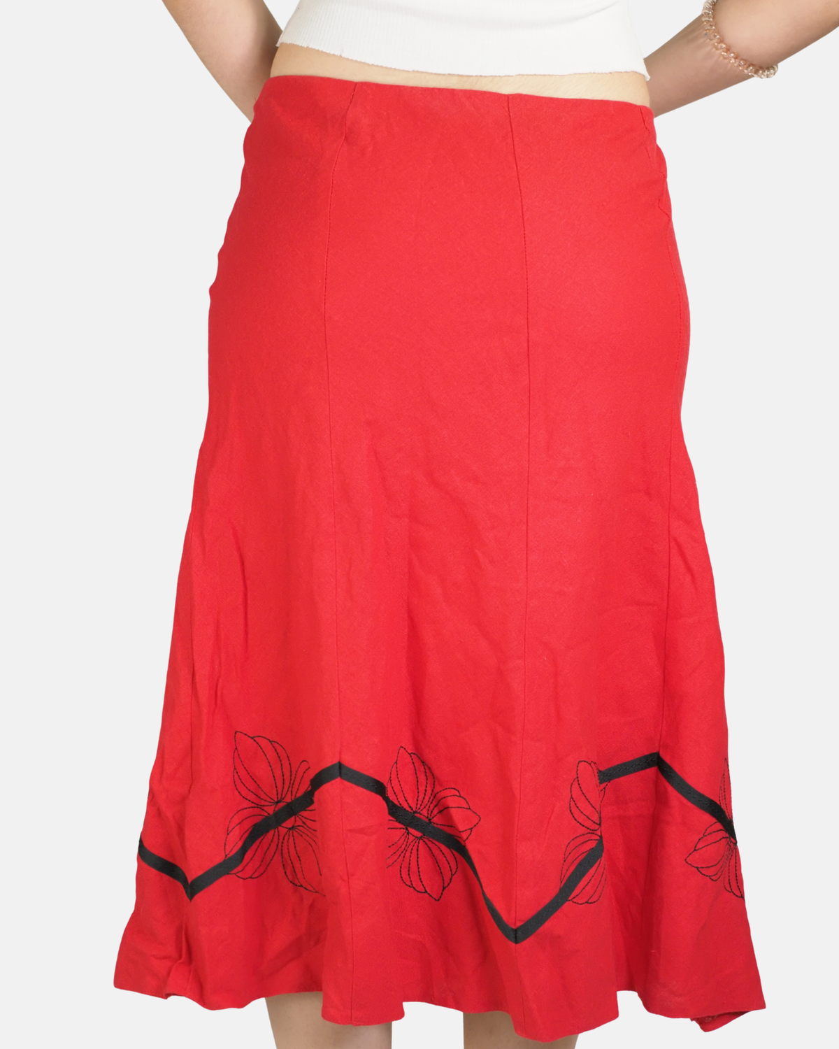 Red Floral Embroidered Midi Skirt - Yen of London