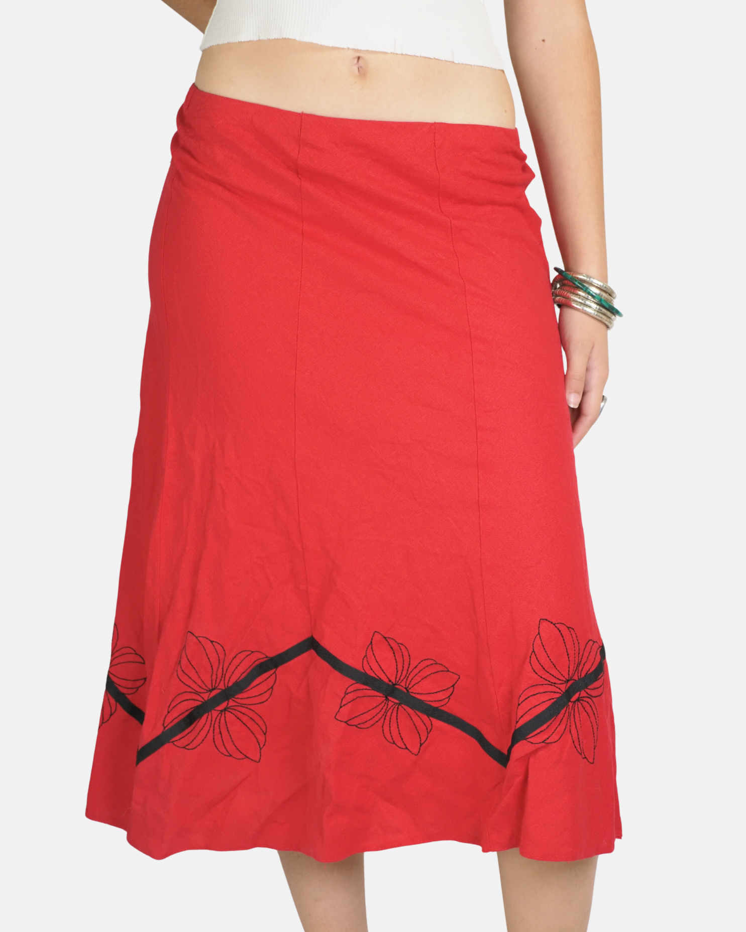 Red Floral Embroidered Midi Skirt - Yen of London