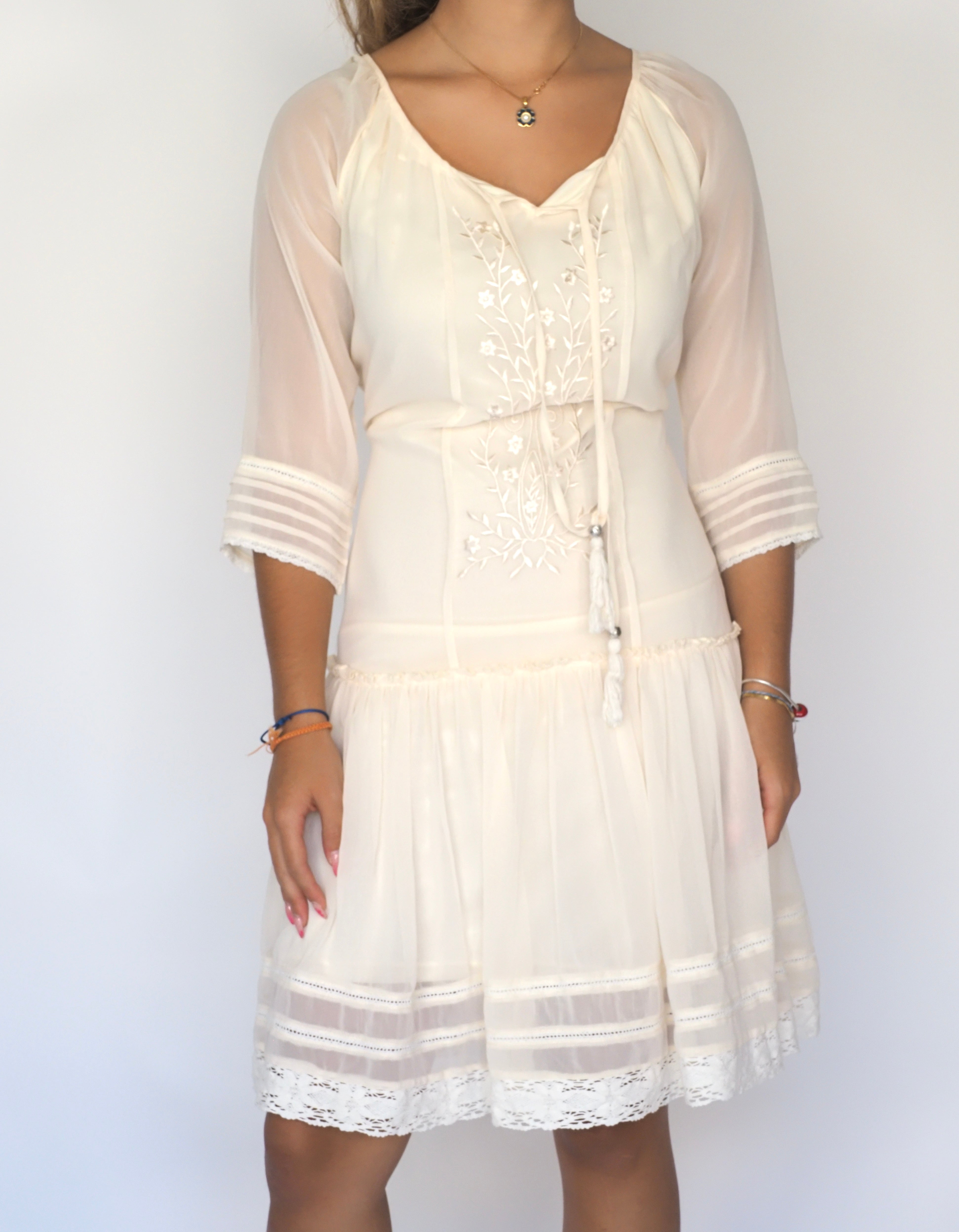 Cream Boho Embroidered Sheer-Sleeve Dress – Azel
