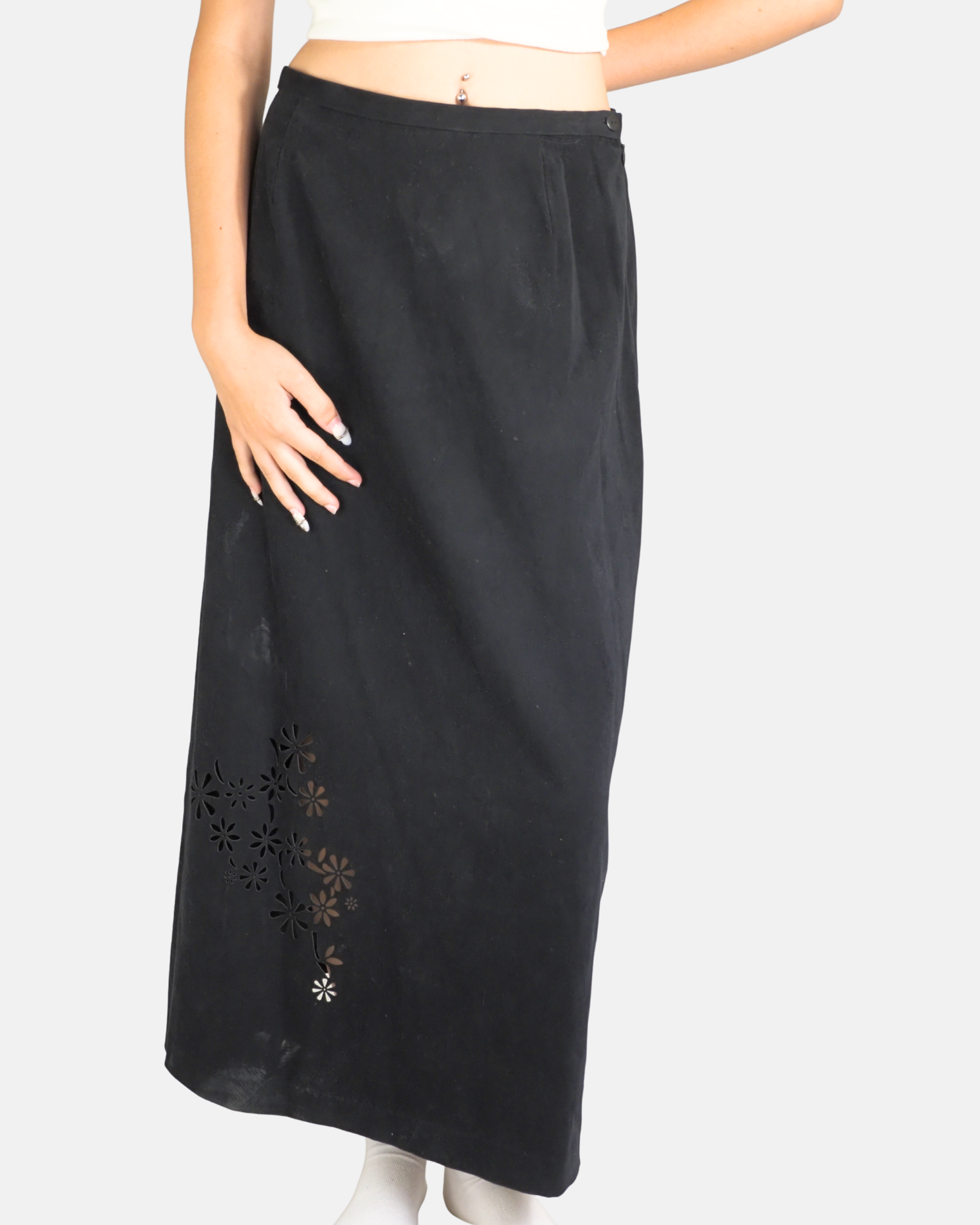 Black Laser Cut Floral Maxi Skirt - Lines