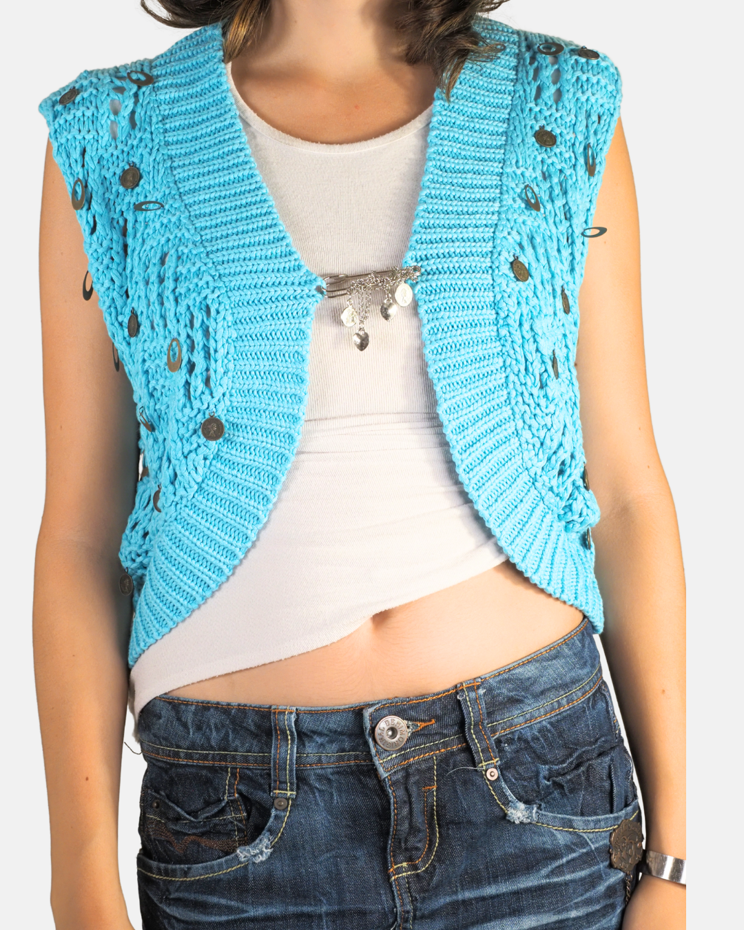 Y2K Turquoise Crochet Sequin Vest - Relood