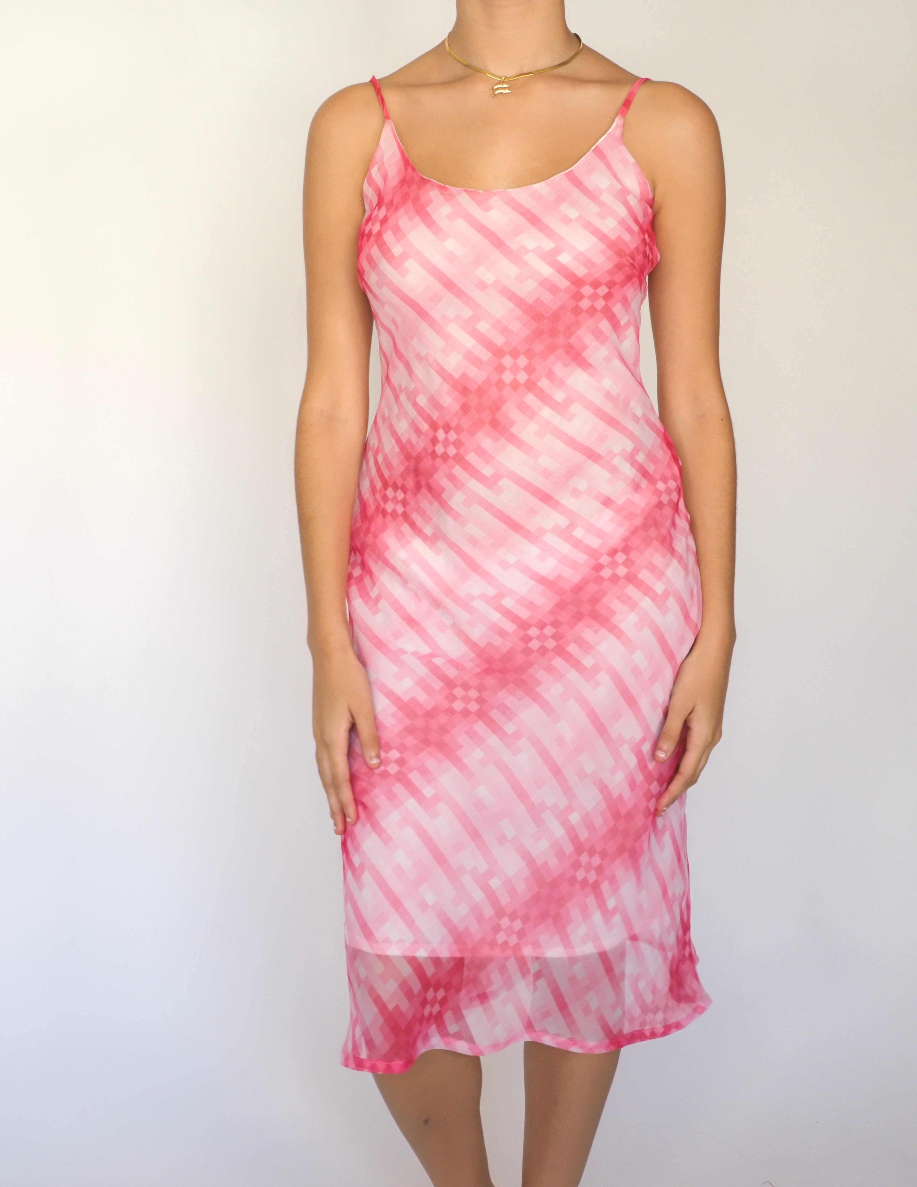 Miss Anne Pink Geometric Mesh Slip Dress