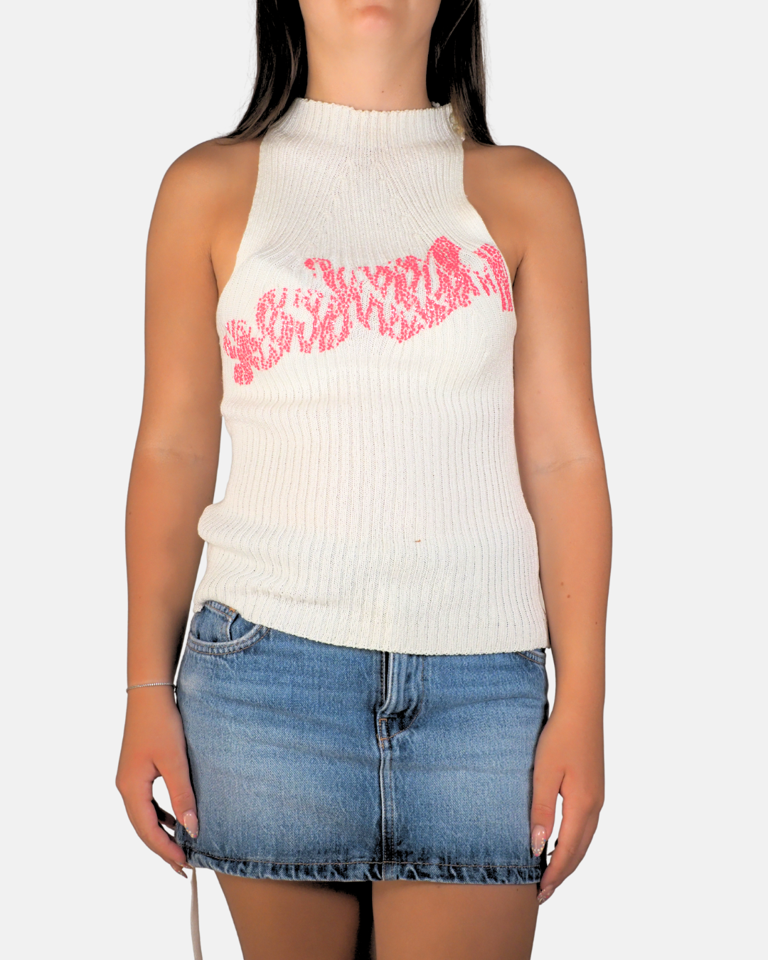 Y2K “SBOING” Graphic Knit Halter Top - Vanitosa